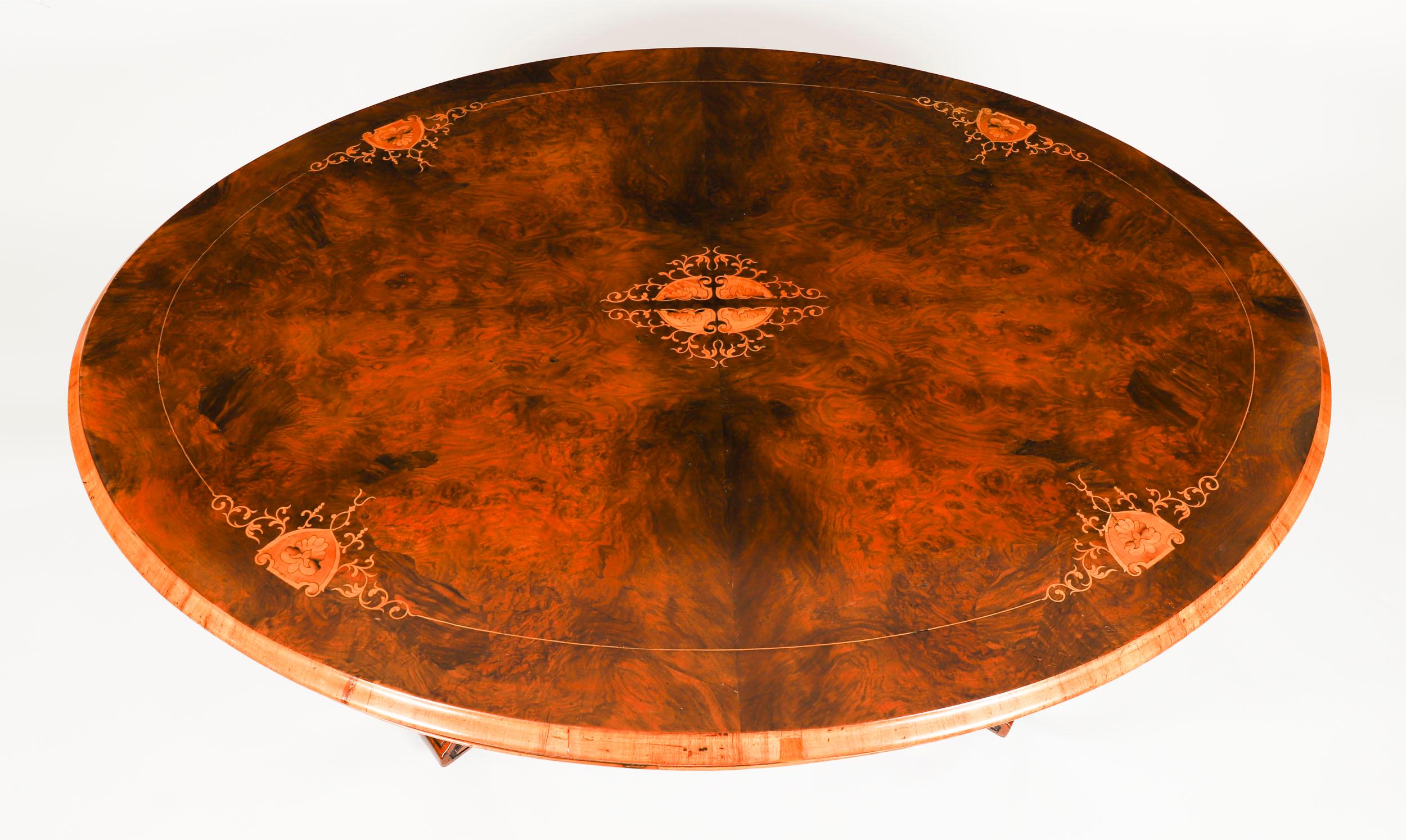 Antique Burr Walnut & Marquetry Inlaid Oval Coffee Table 19th Century For Sale 5