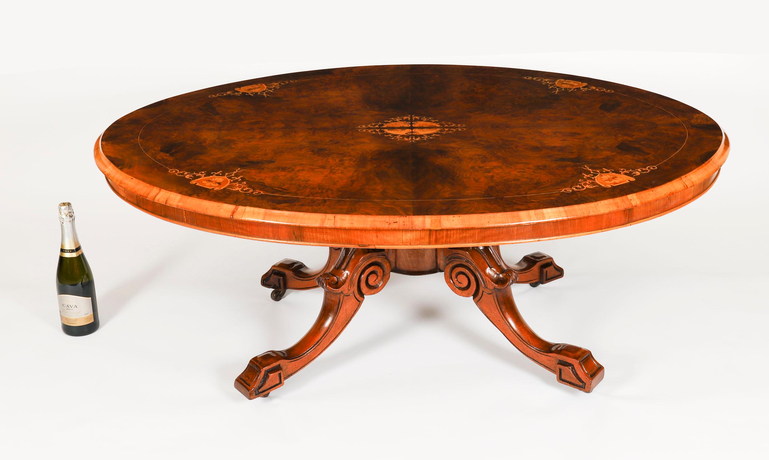 Antique Burr Walnut & Marquetry Inlaid Oval Coffee Table 19th Century For Sale 8