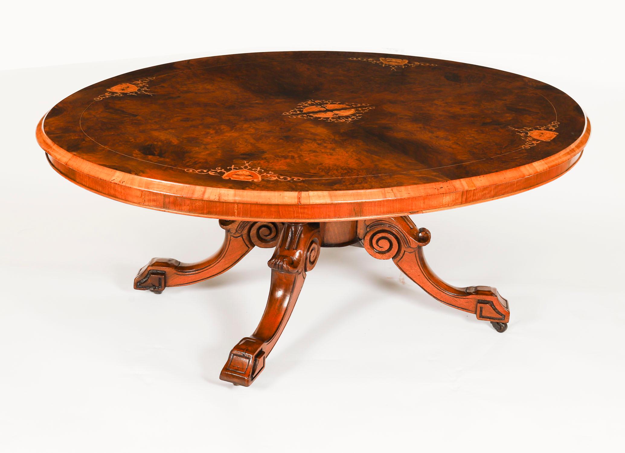 Victorian Antique Burr Walnut & Marquetry Inlaid Oval Coffee Table 19th Century For Sale
