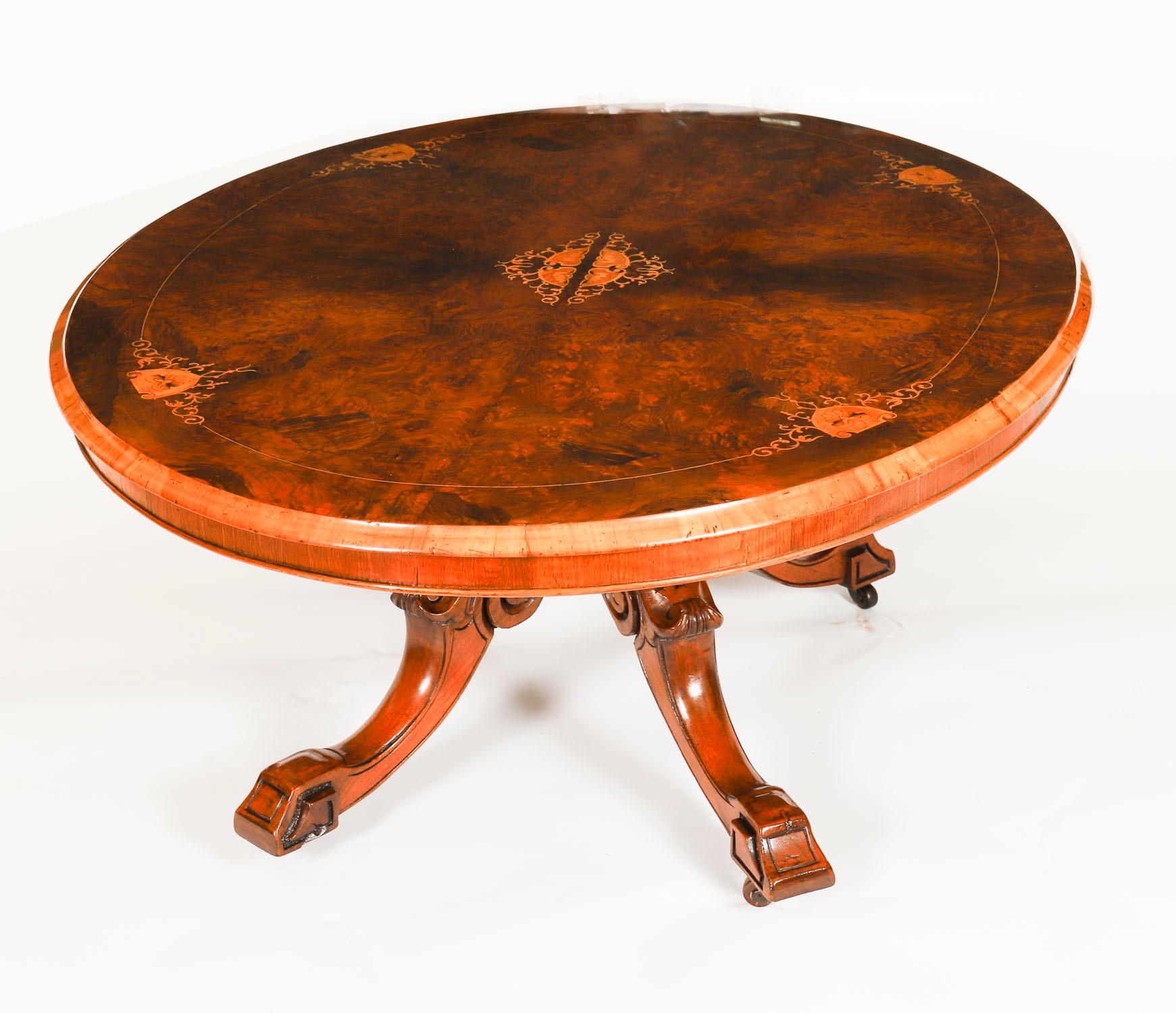 English Antique Burr Walnut & Marquetry Inlaid Oval Coffee Table 19th Century For Sale