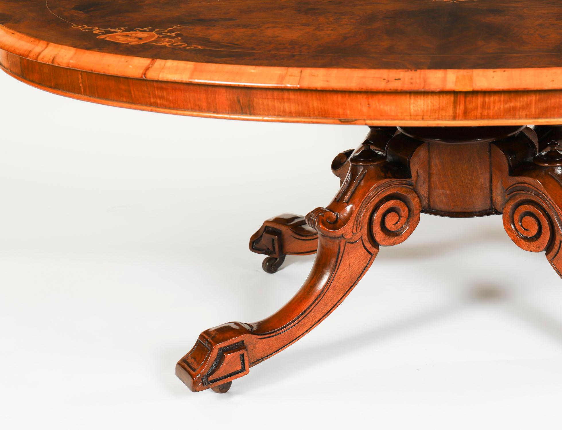 Brass Antique Burr Walnut & Marquetry Inlaid Oval Coffee Table 19th Century For Sale