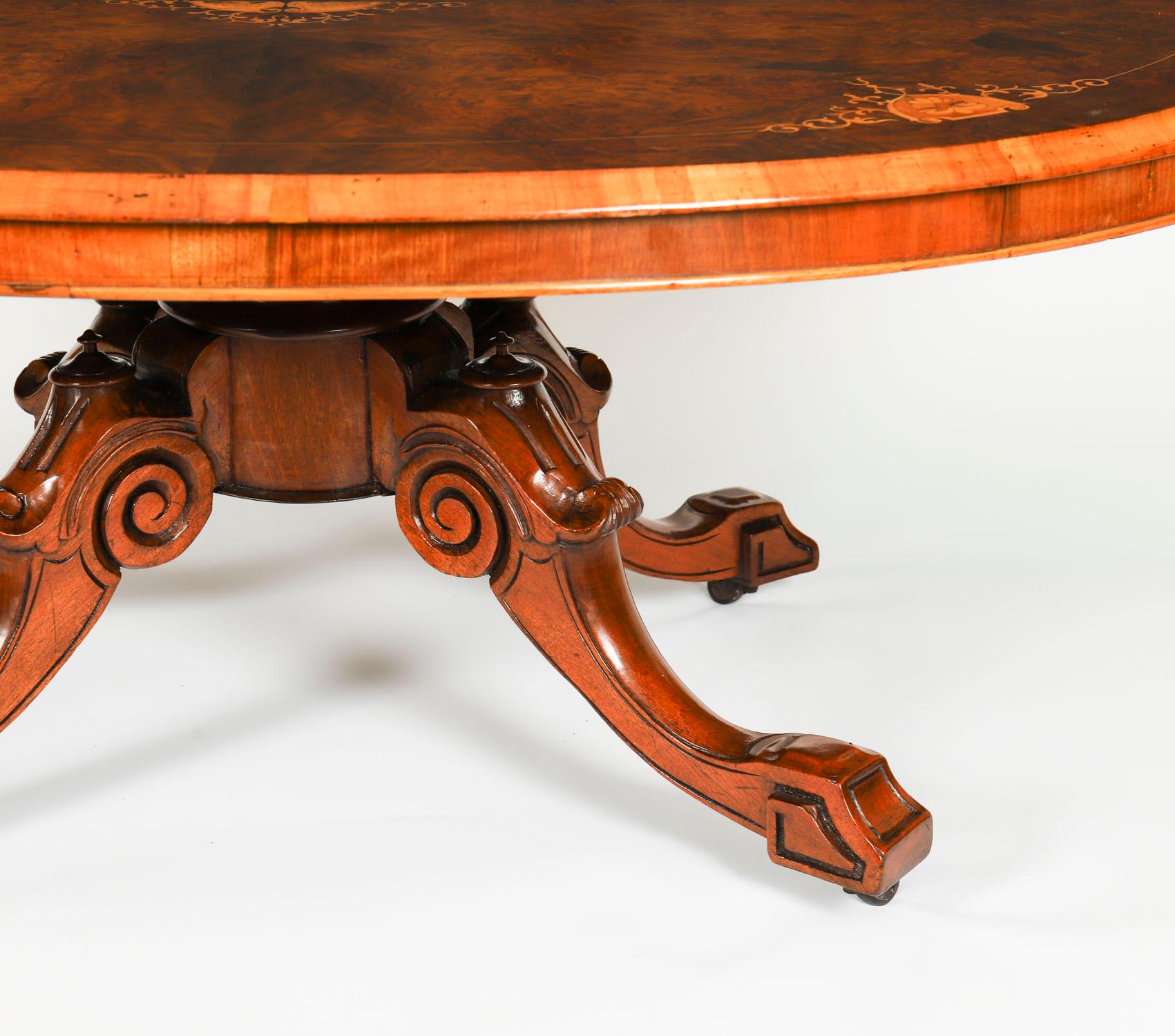 Antique Burr Walnut & Marquetry Inlaid Oval Coffee Table 19th Century For Sale 1