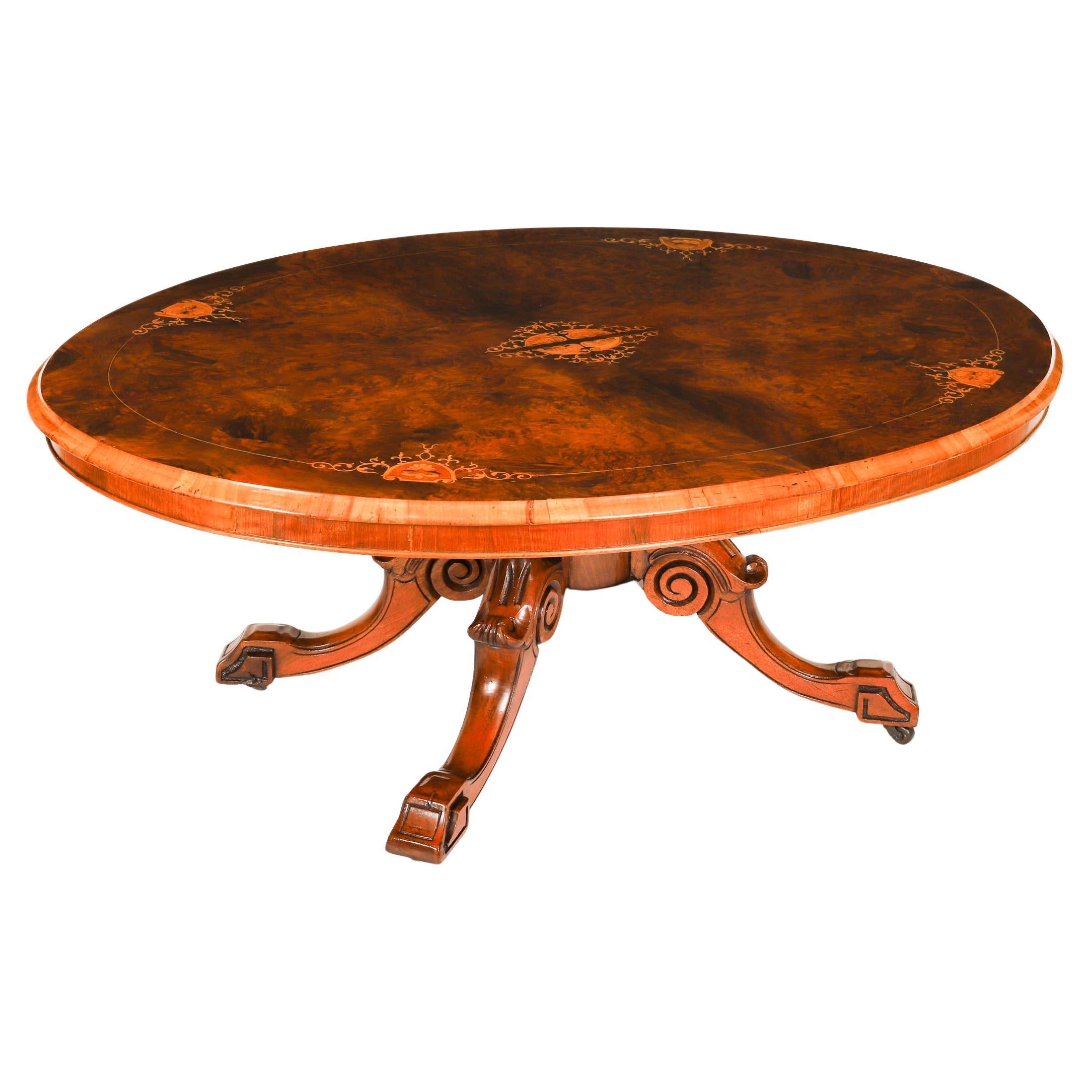 Antique Burr Walnut & Marquetry Inlaid Oval Coffee Table 19th Century For Sale