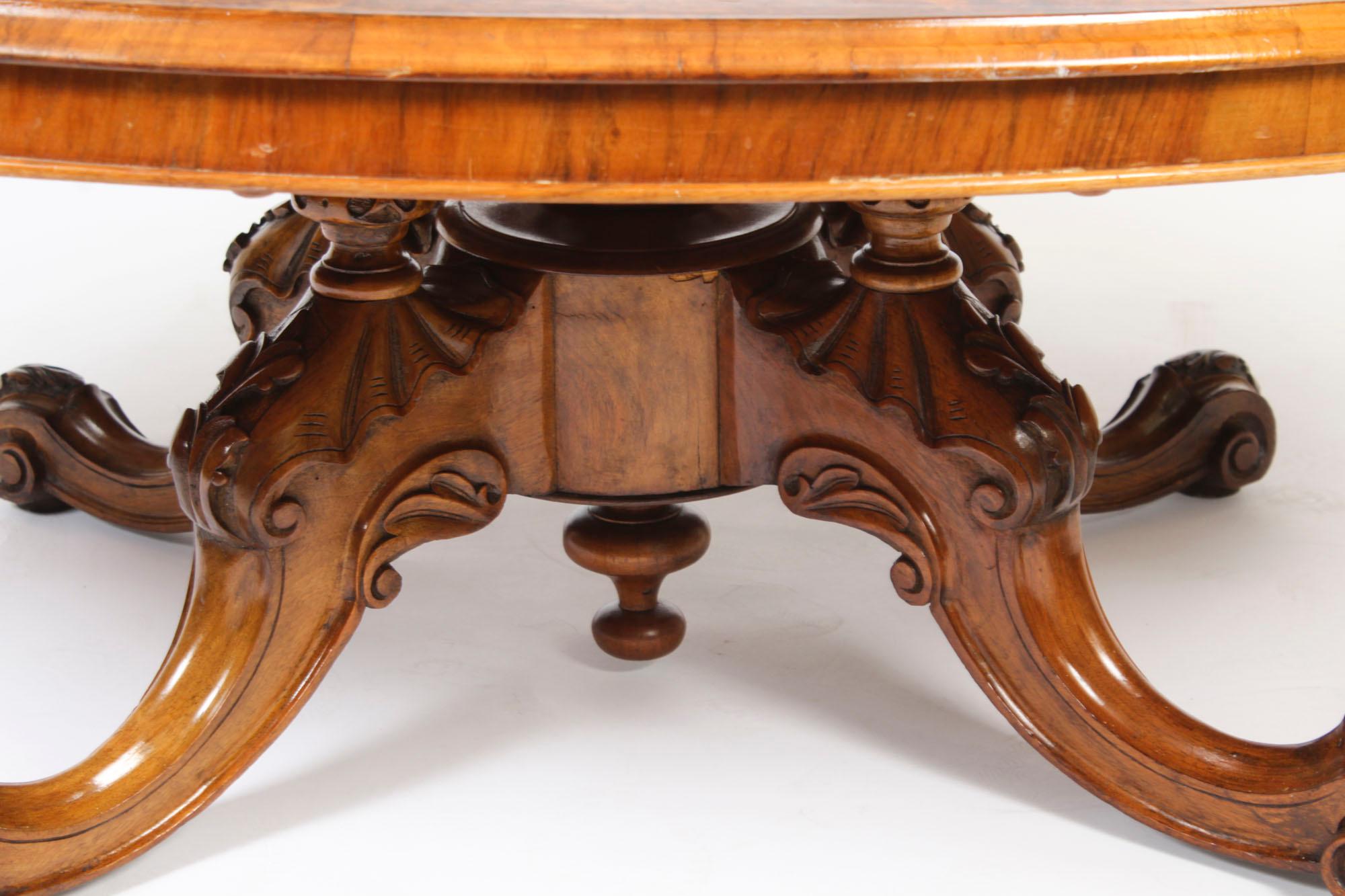 Table basse ovale ancienne en ronce de noyer et marqueterie Circa 19e siècle en vente 3