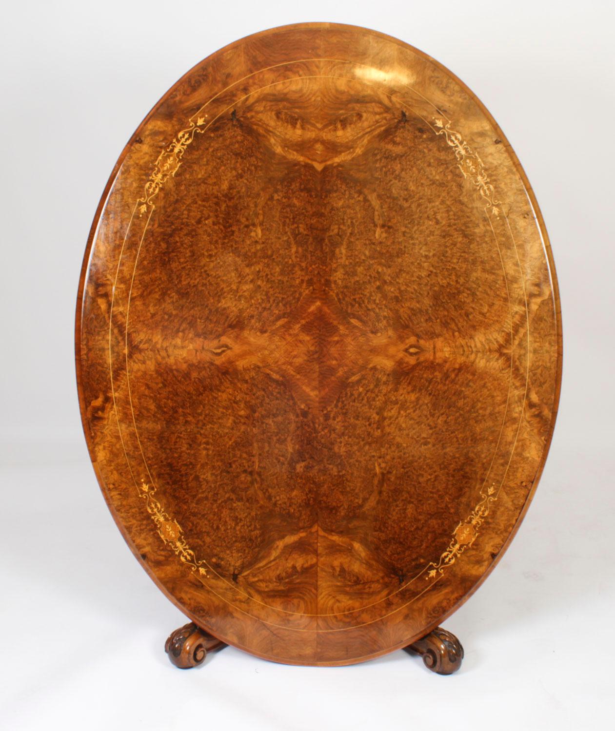 Victorian Antique Burr Walnut & Marquetry Oval Coffee Table Circa 19th Century For Sale