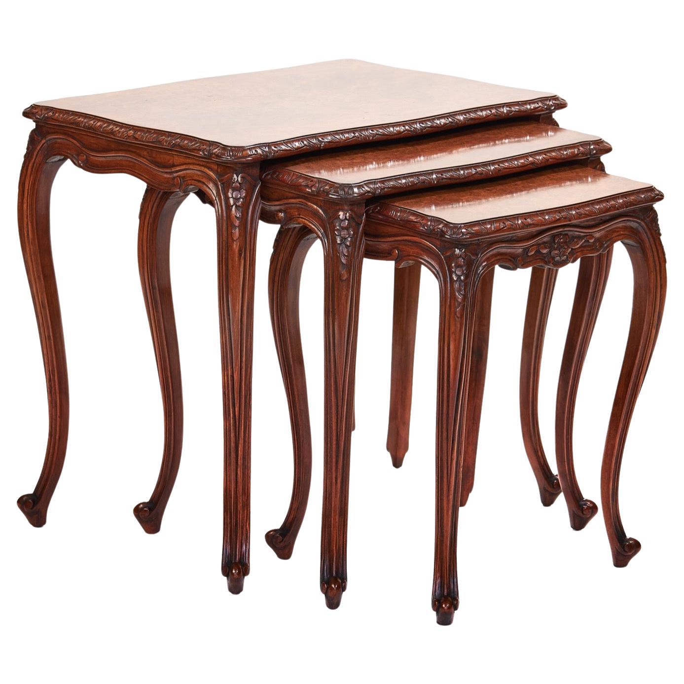 Antique Burr Walnut nest 3 tables, French cabriole legs