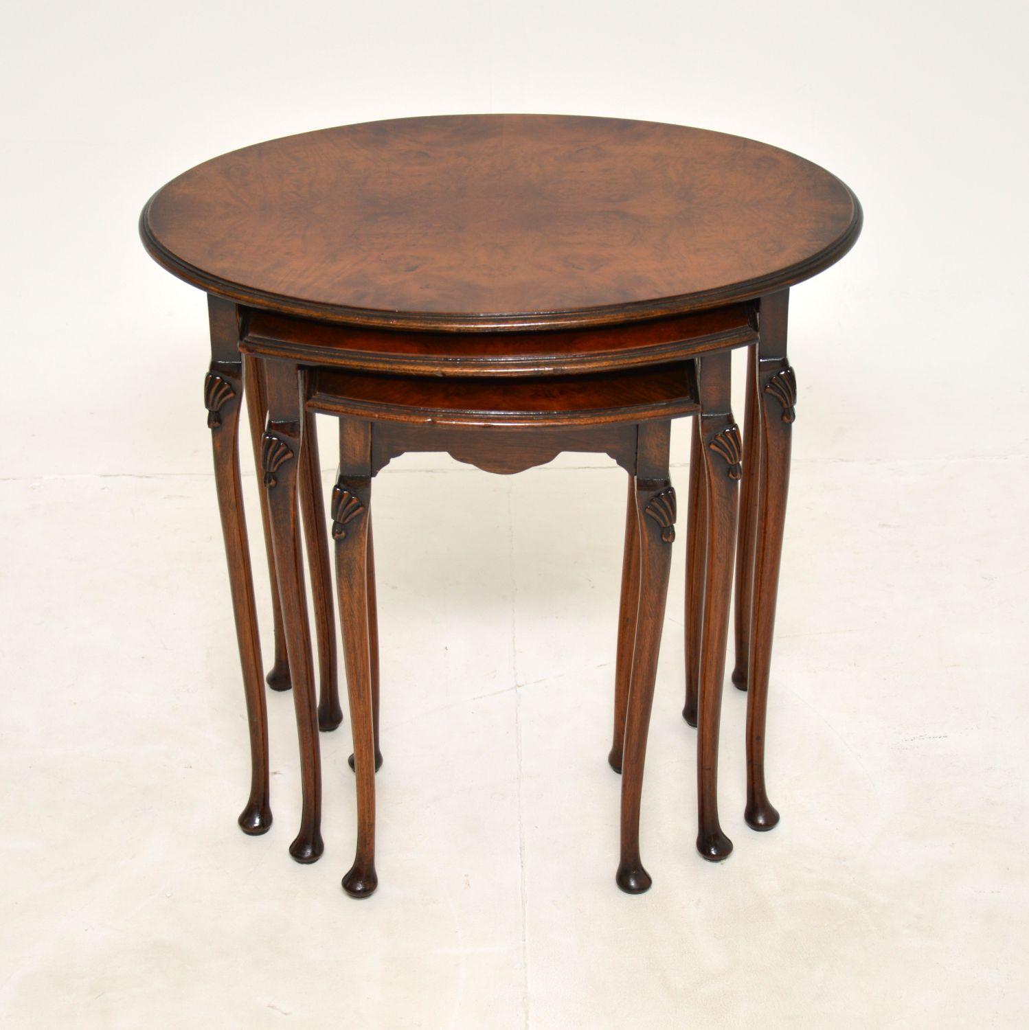 A lovely antique oval nest of three tables in walnut, made in England & dating from around the 1910-1920’s period.

They are beautifully made and are a useful size. The oval tops have stunning burr walnut grain patterns, the legs have well defined