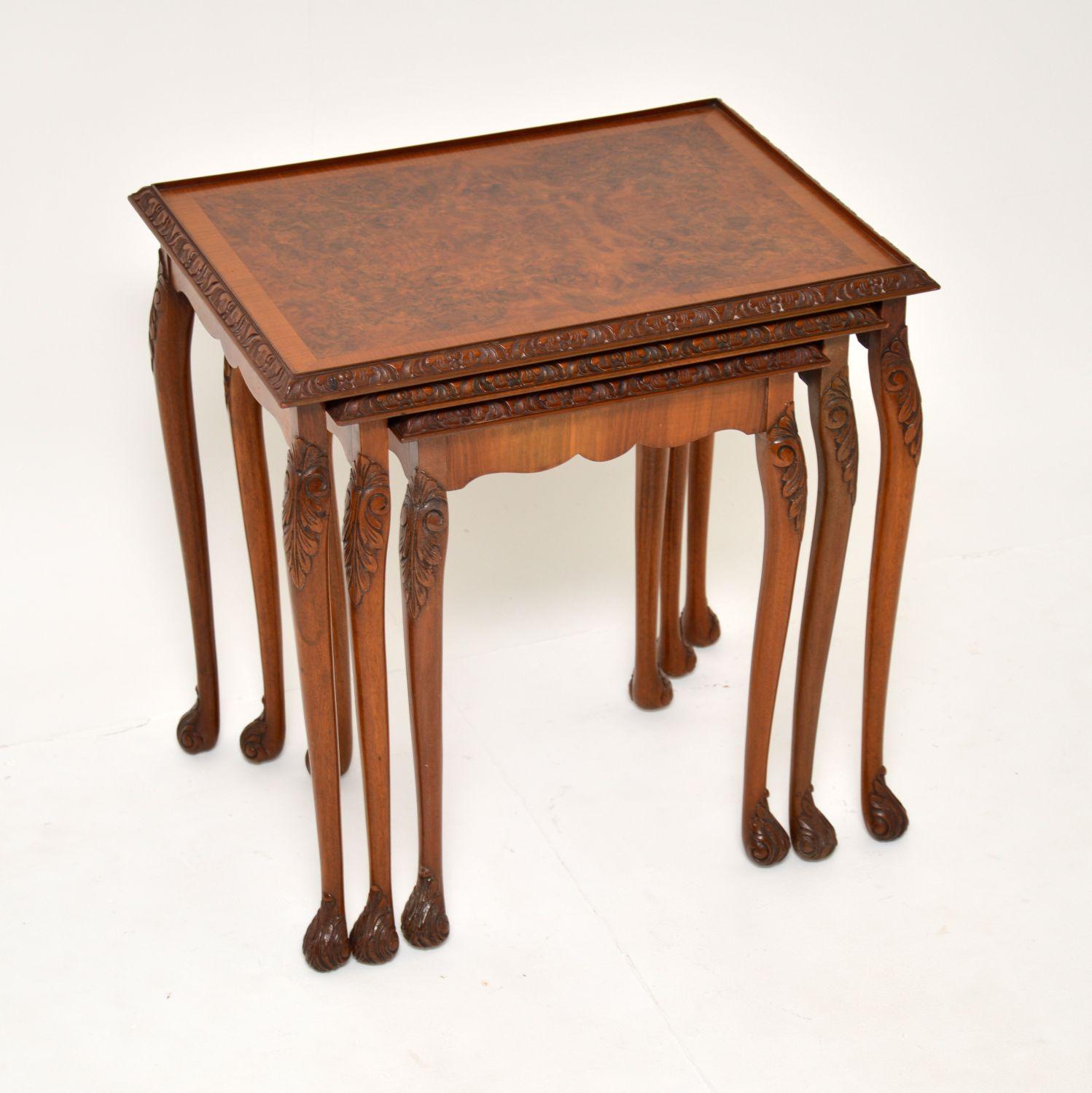 A lovely antique set of three nesting tables in burr walnut. These were made in England, they date from around the 1930’s.

The quality is excellent, these are a lovely size and are very practical. The burr walnut grain patterns are stunning, and