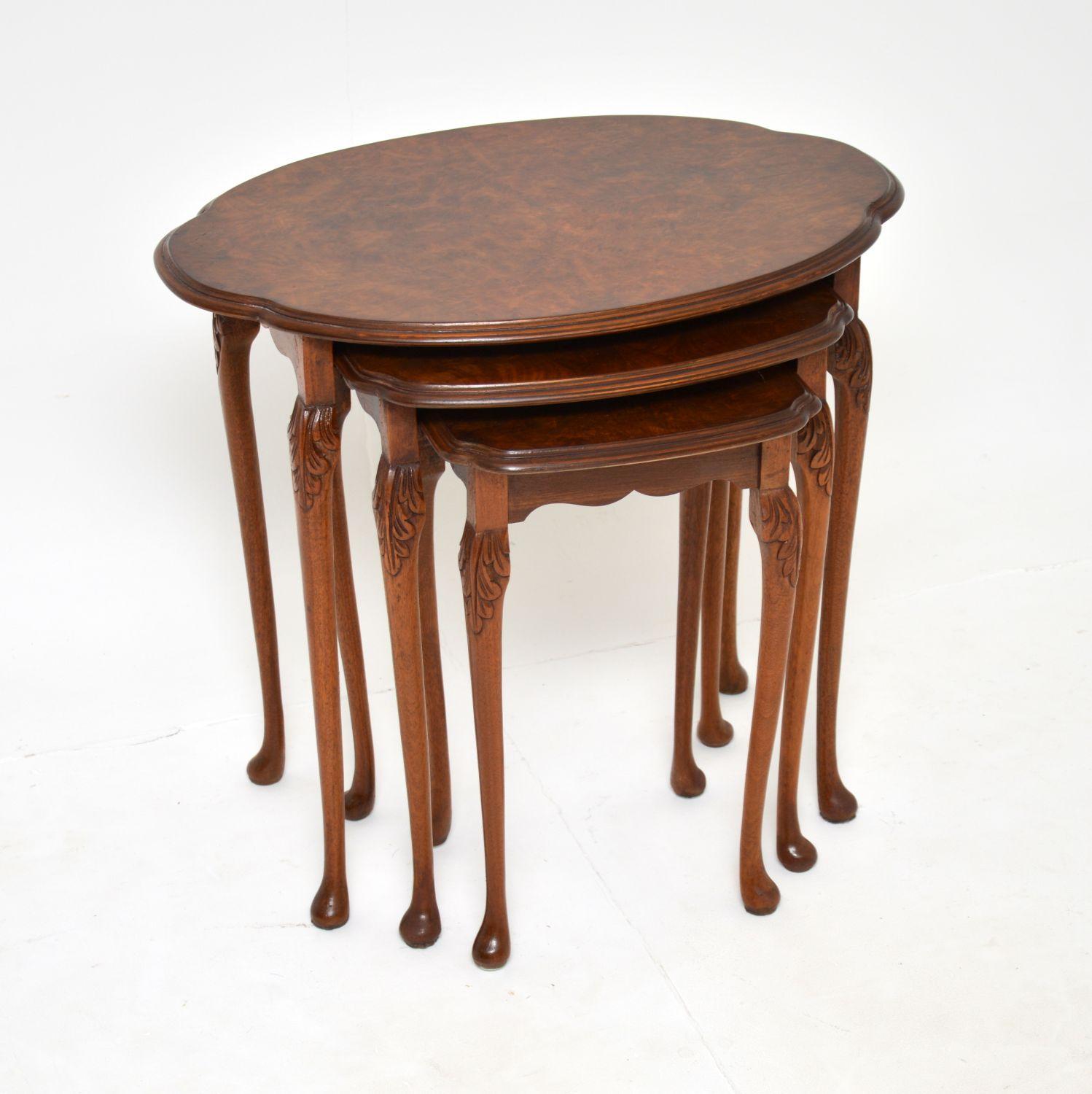A smart and useful antique nest of three tables in walnut. These were made in England, they date from around the 1900-1920’s period.

They are of lovely quality and are very practical. The tops are nicely shaped and have gorgeous burr walnut grain
