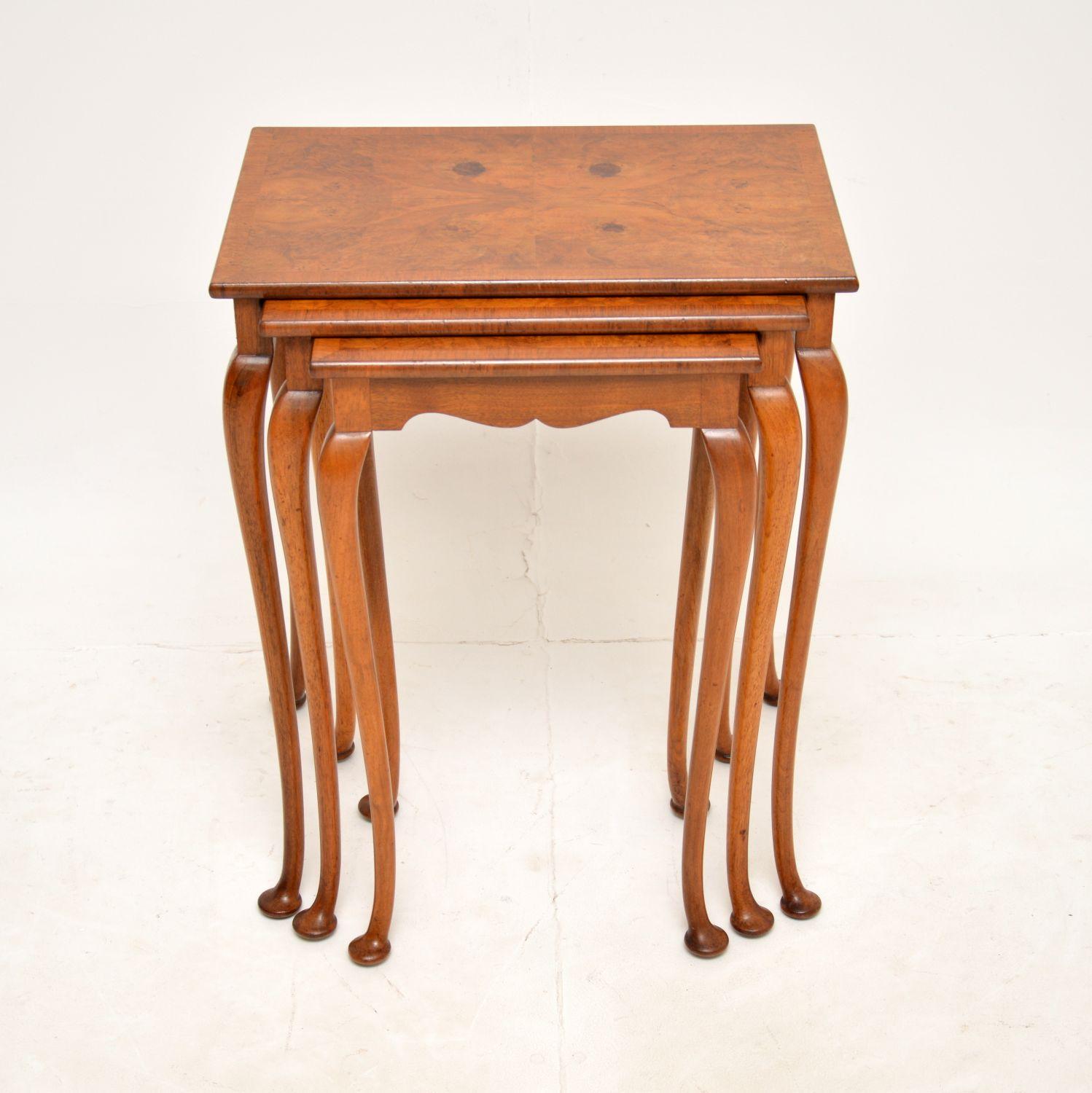 A lovely set of three antique burr walnut nesting tables. They were made in England, and date from around the 1910-1920’s period.

The quality is fantastic, they have an elegant yet sturdy design. The frames are solid walnut, the tops are figured