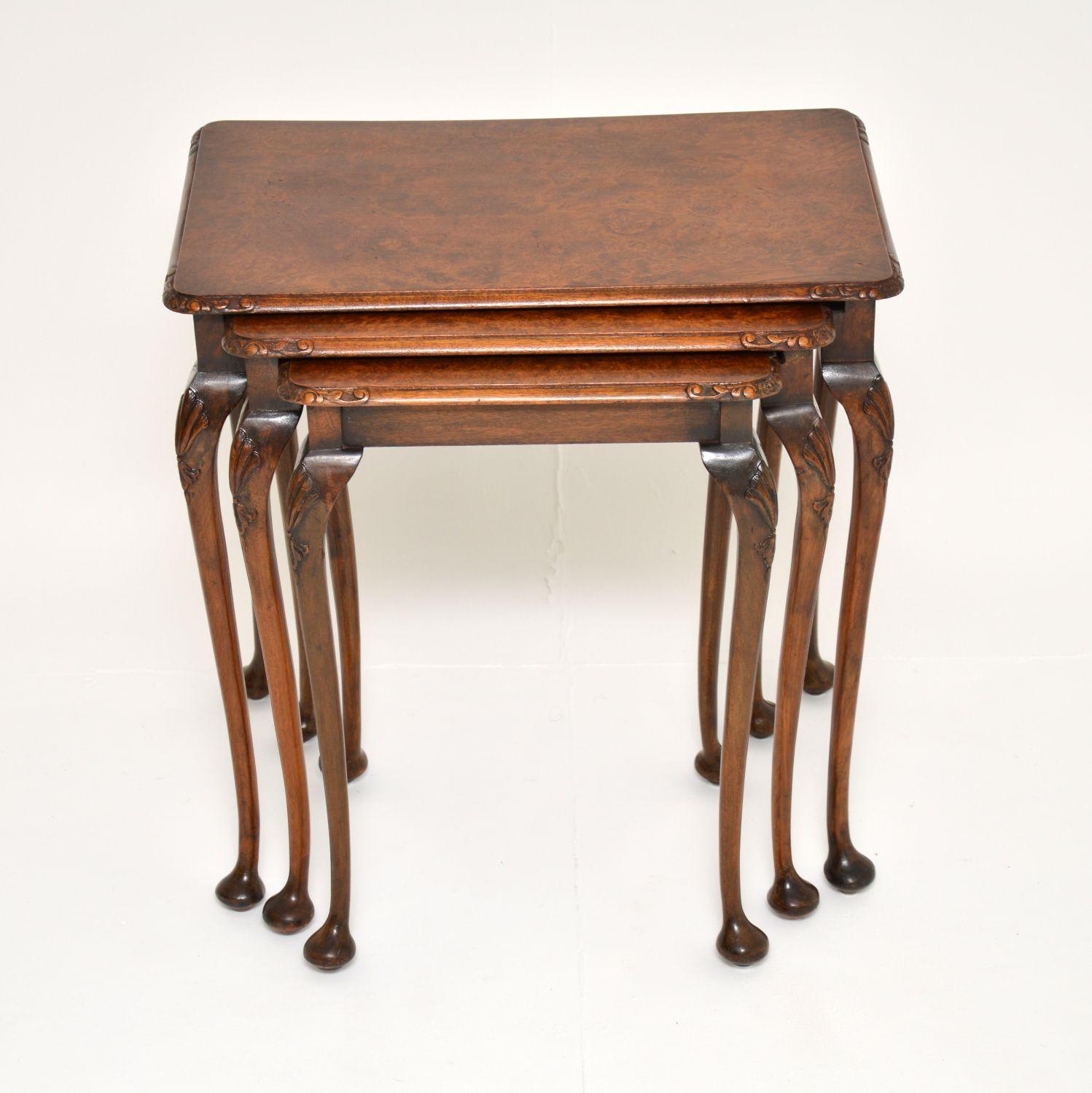 Queen Anne Antique Burr Walnut Nest of Three Tables