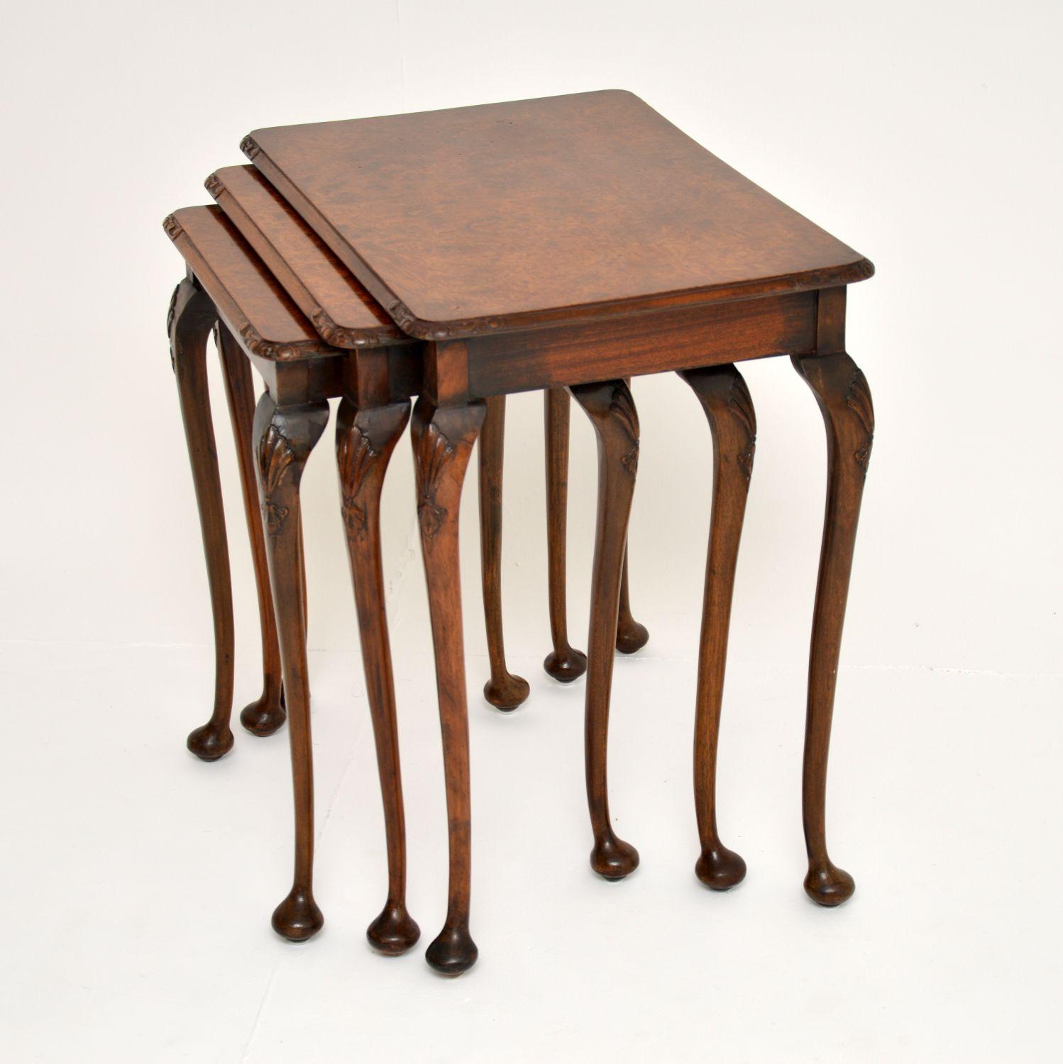 English Antique Burr Walnut Nest of Three Tables