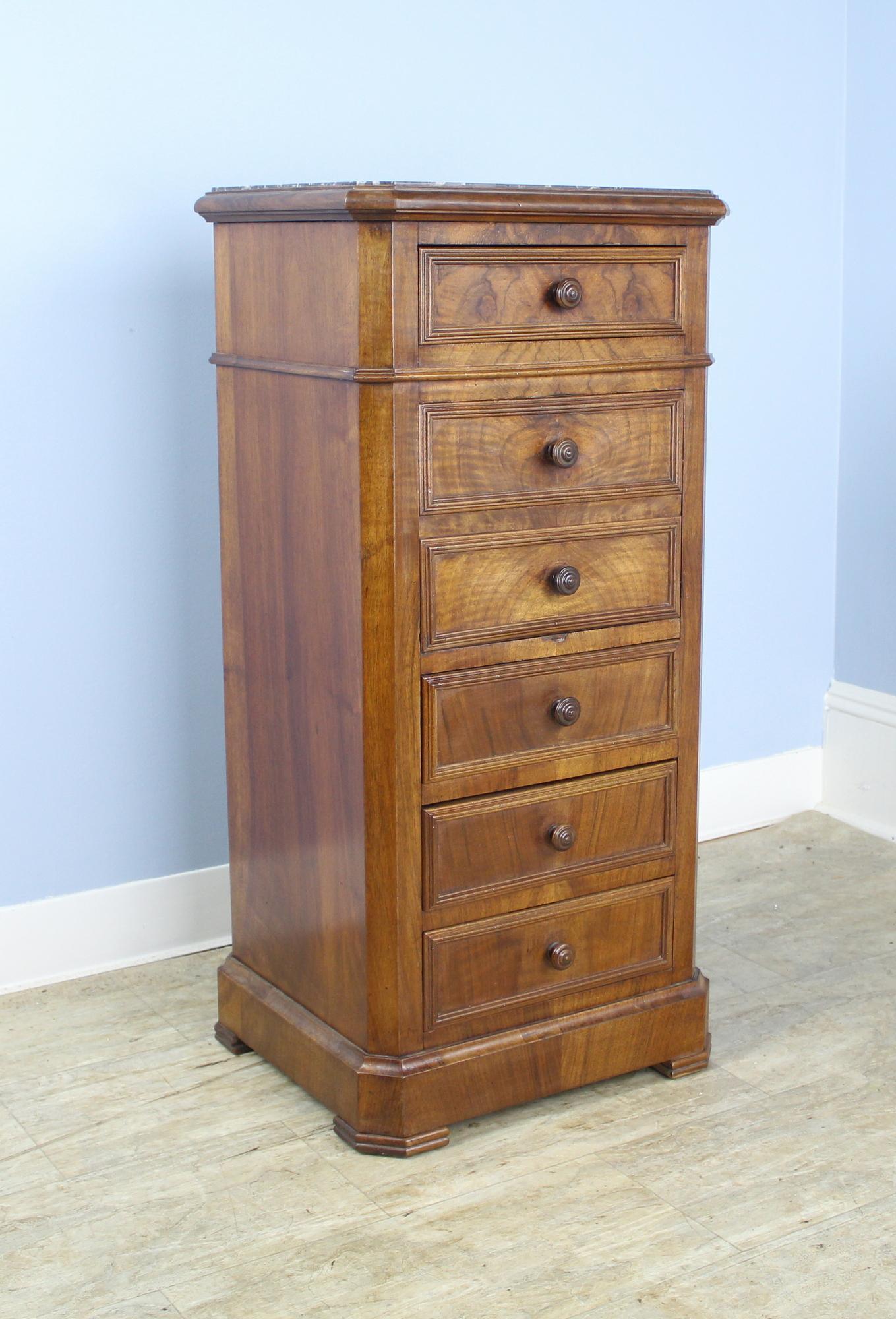 French Antique Burr Walnut Nightstand with Gray Marble Top For Sale