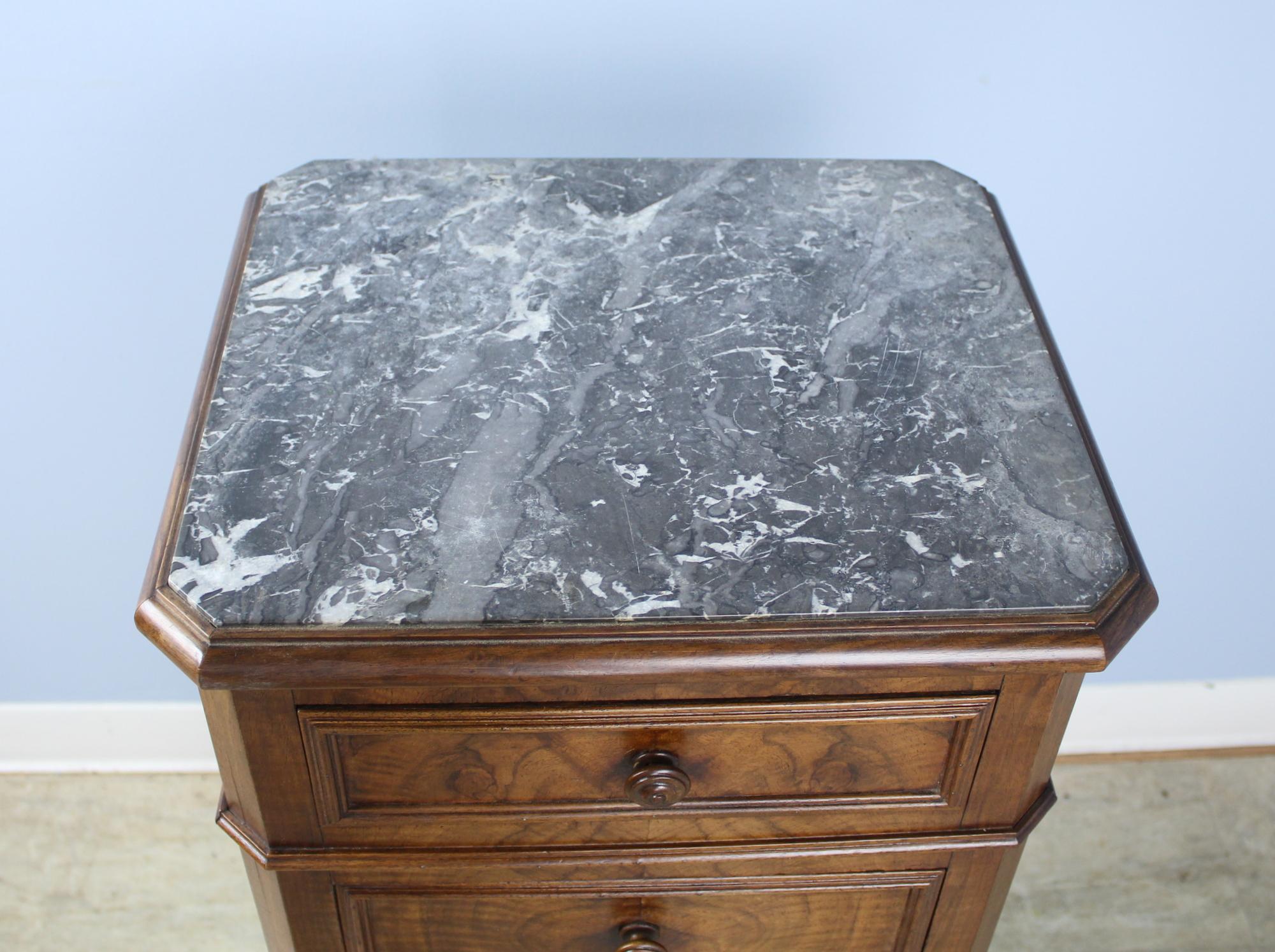 Antique Burr Walnut Nightstand with Gray Marble Top In Good Condition For Sale In Port Chester, NY