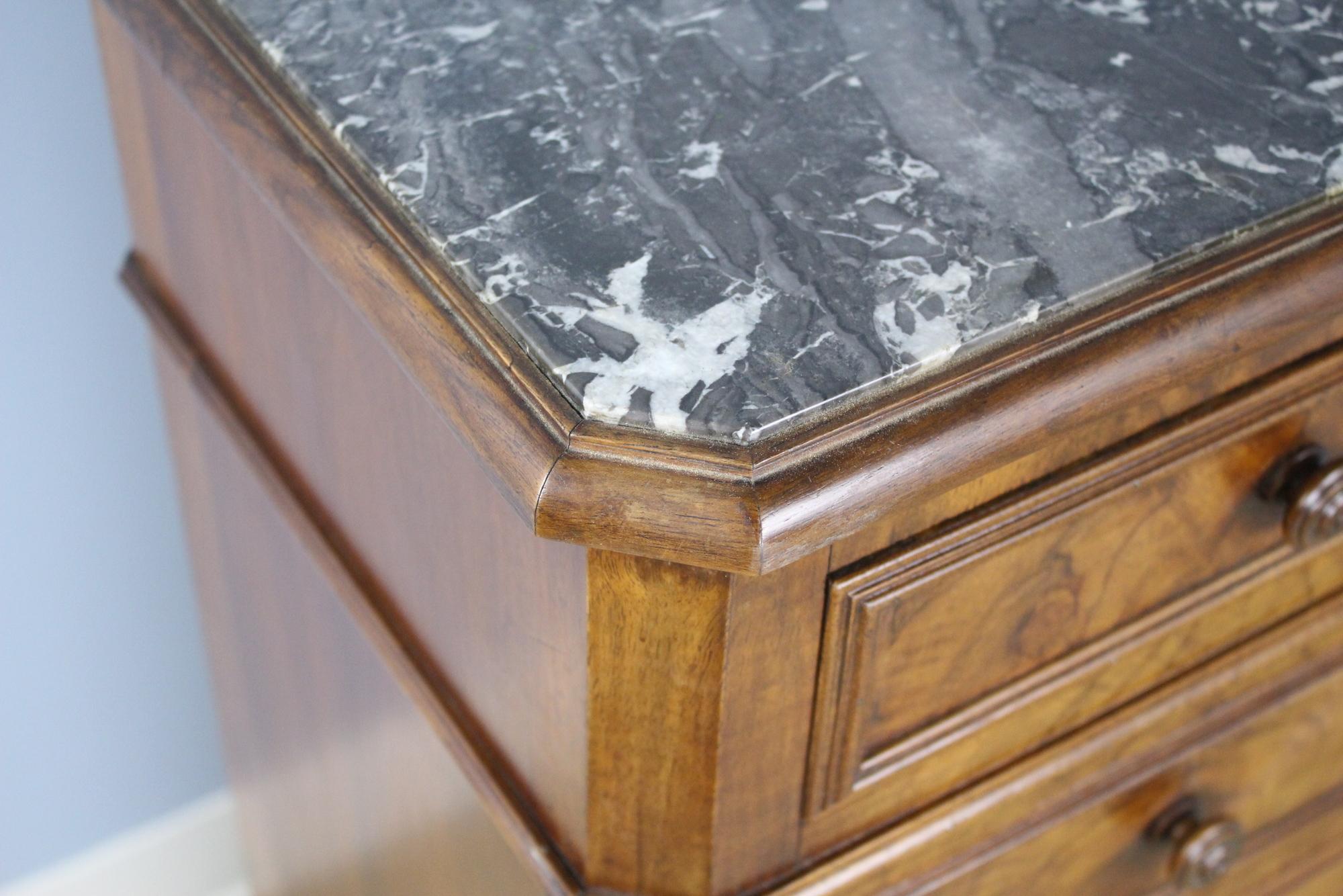 19th Century Antique Burr Walnut Nightstand with Gray Marble Top For Sale