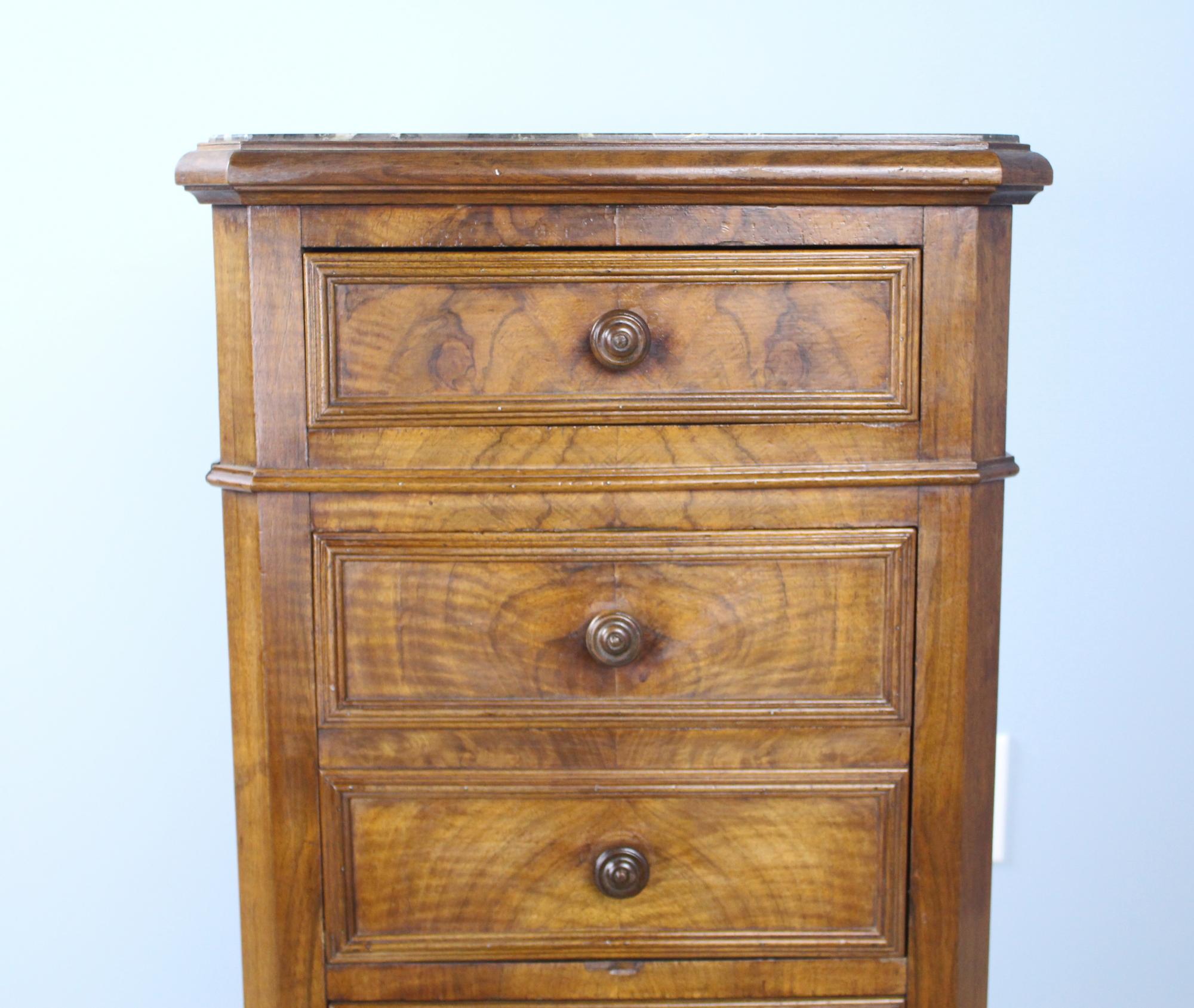 Antique Burr Walnut Nightstand with Gray Marble Top For Sale 2