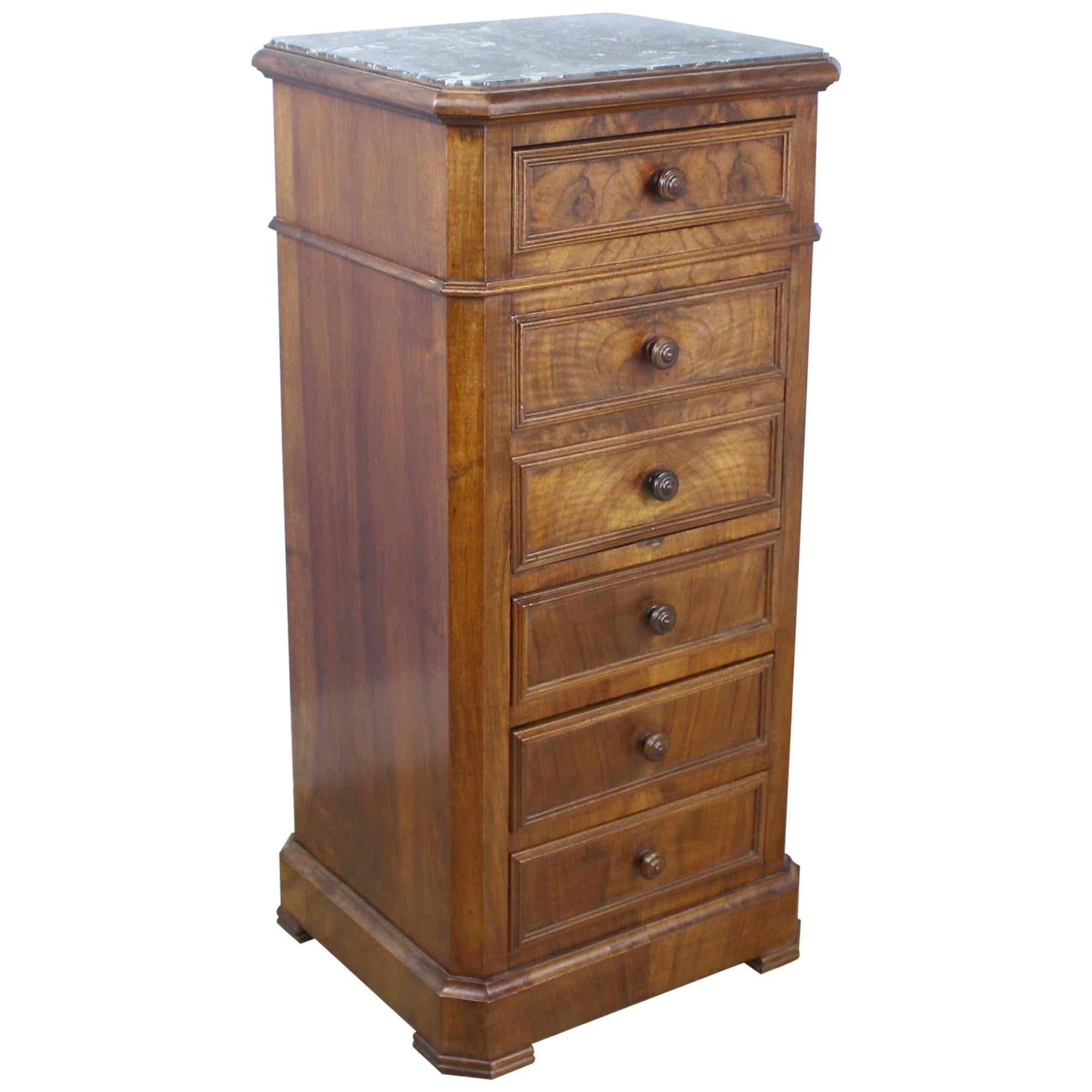 Antique Burr Walnut Nightstand with Gray Marble Top