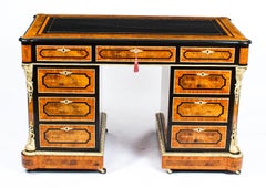 Antique Burr Walnut, Olive Wood, Ebonized, Ormolu Mounted Pedestal Desk