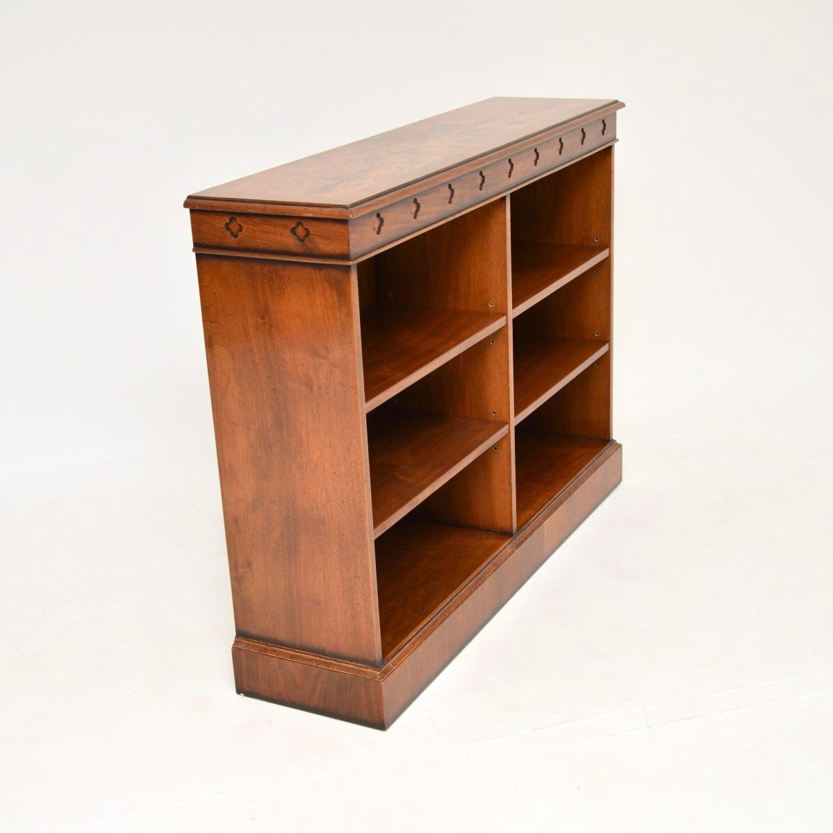 British Antique Burr Walnut Open Bookcase For Sale