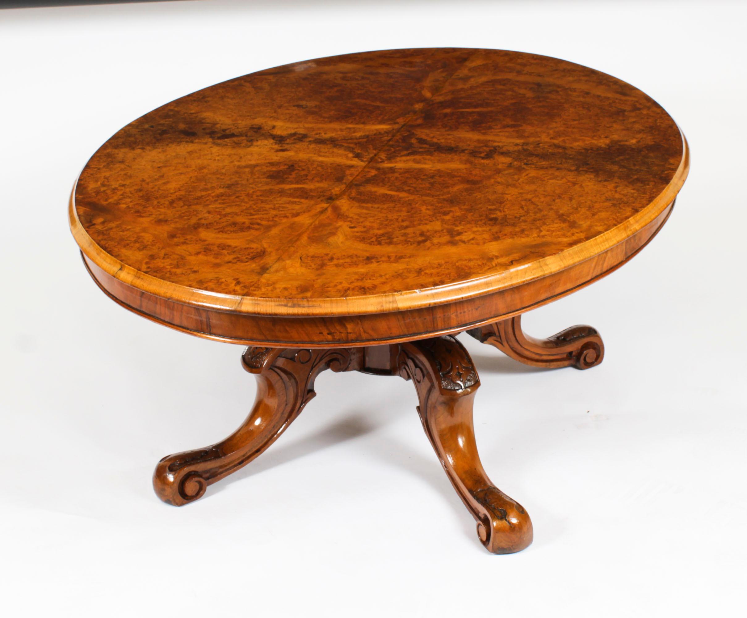 Ancienne table basse ovale en ronce de noyer 1860s 19ème siècle en vente 4