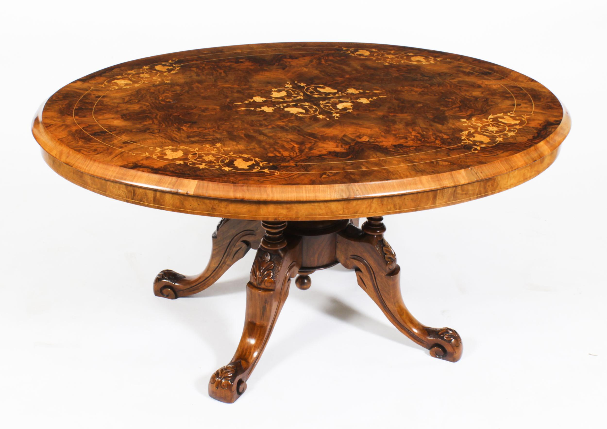 Antique Burr Walnut Oval Coffee Table, 19th Century 11