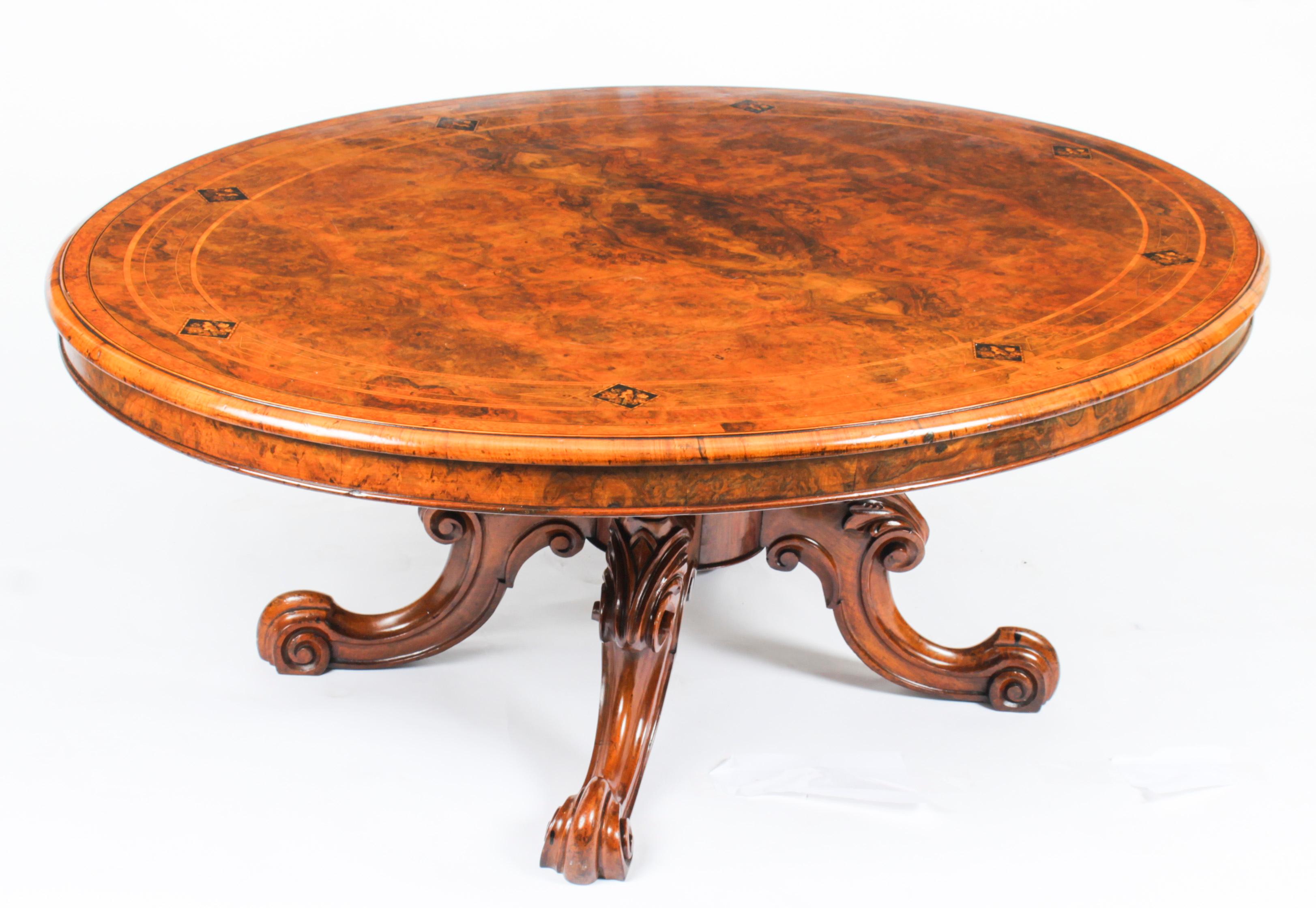This is a superb Victorian burr walnut coffee table, circa 1860 in date.
 
The table top is oval in shape and features wonderful burr walnut with superb amboyna banding and tunbrigeware inlaid panels. It is raised on a base that is hand carved