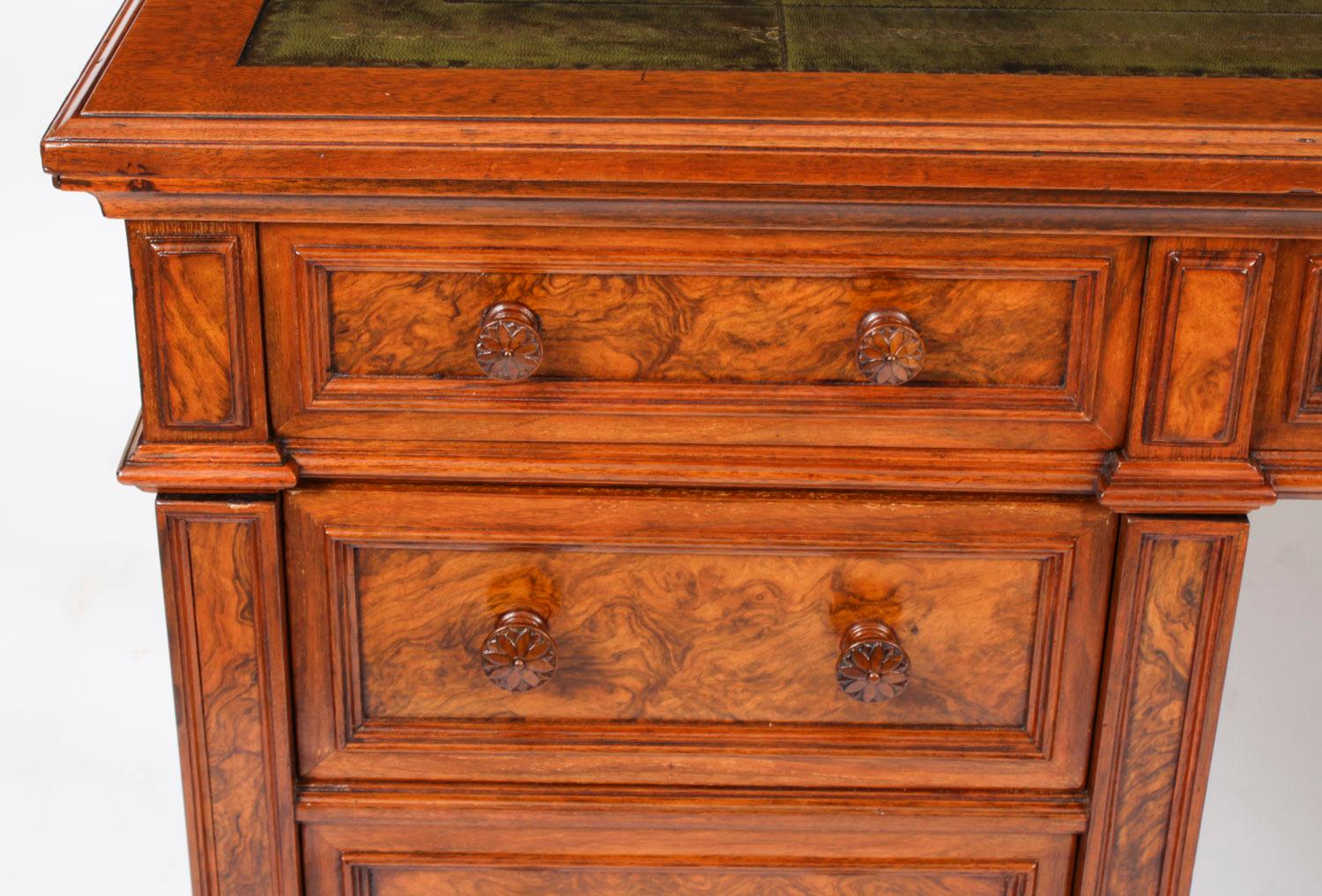 Antique Burr Walnut Pedestal Desk by Gillow & Co 19th Century For Sale 10