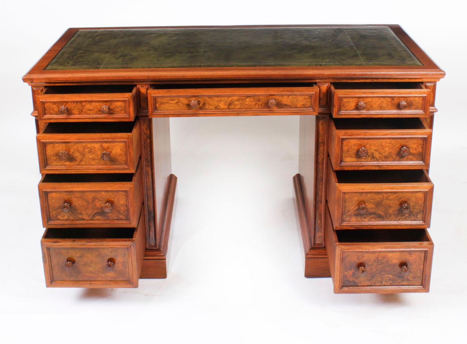 Leather Antique Burr Walnut Pedestal Desk by Gillow & Co 19th Century For Sale