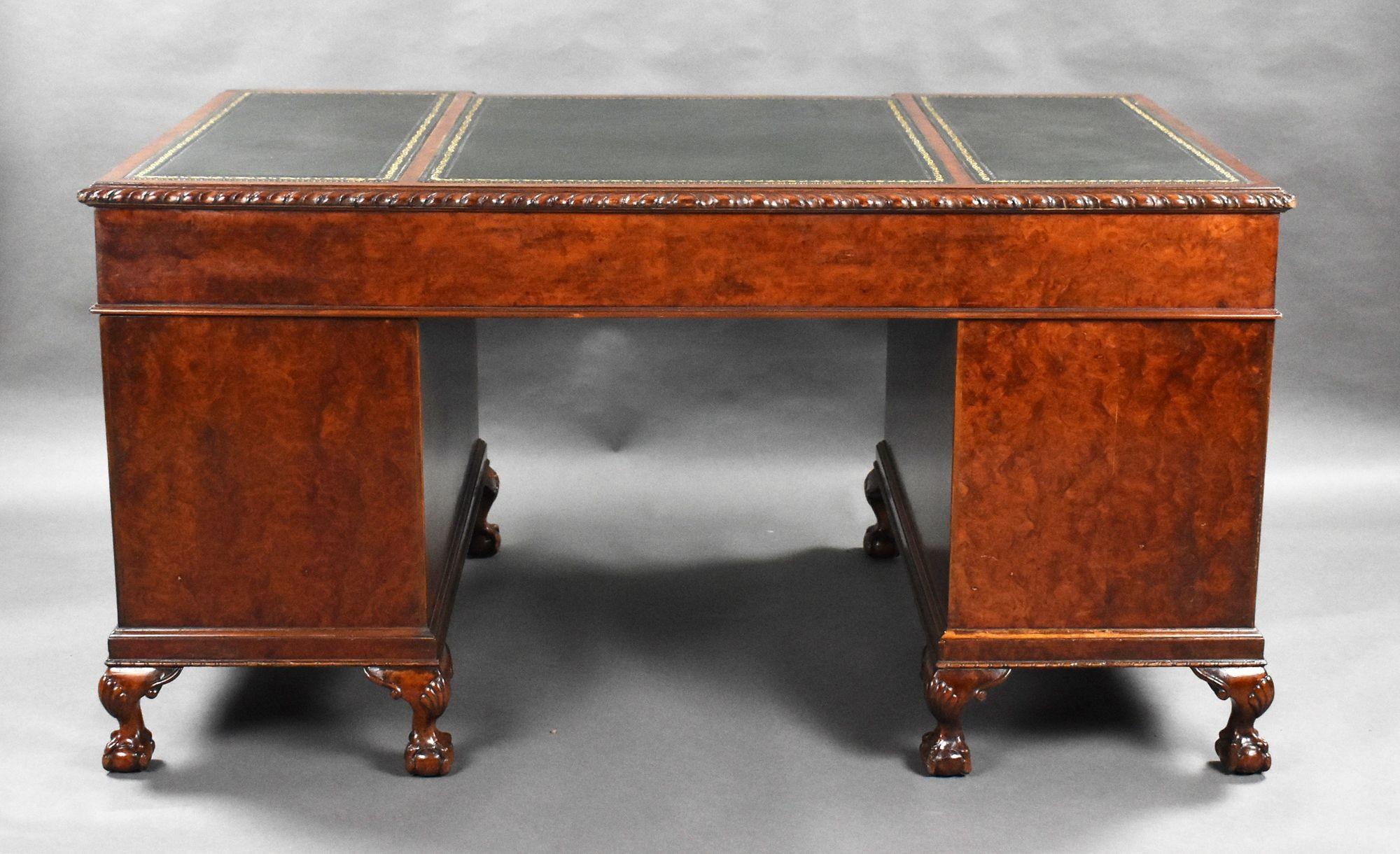 English Antique Burr Walnut Pedestal Desk For Sale