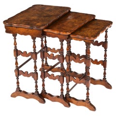 Antique Burr Walnut Pie Crust Nest of Three Tables Early 20th Century