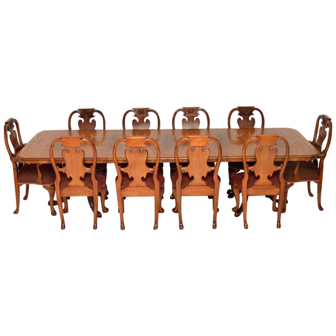 Antique Burr Walnut Queen Anne Dining Table and Eight Chairs