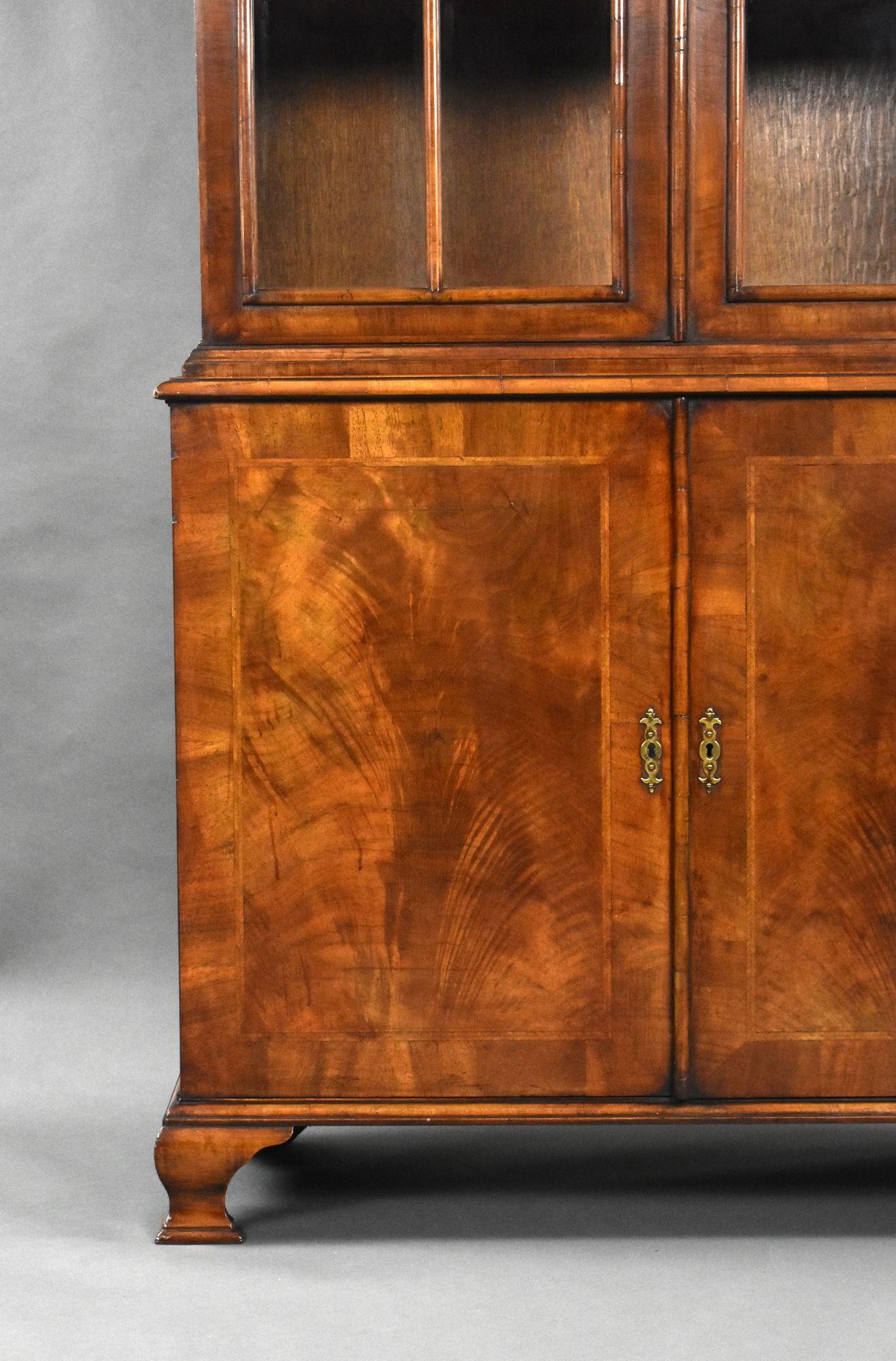 20th Century Antique Burr Walnut Queen Anne Style Bookcase For Sale
