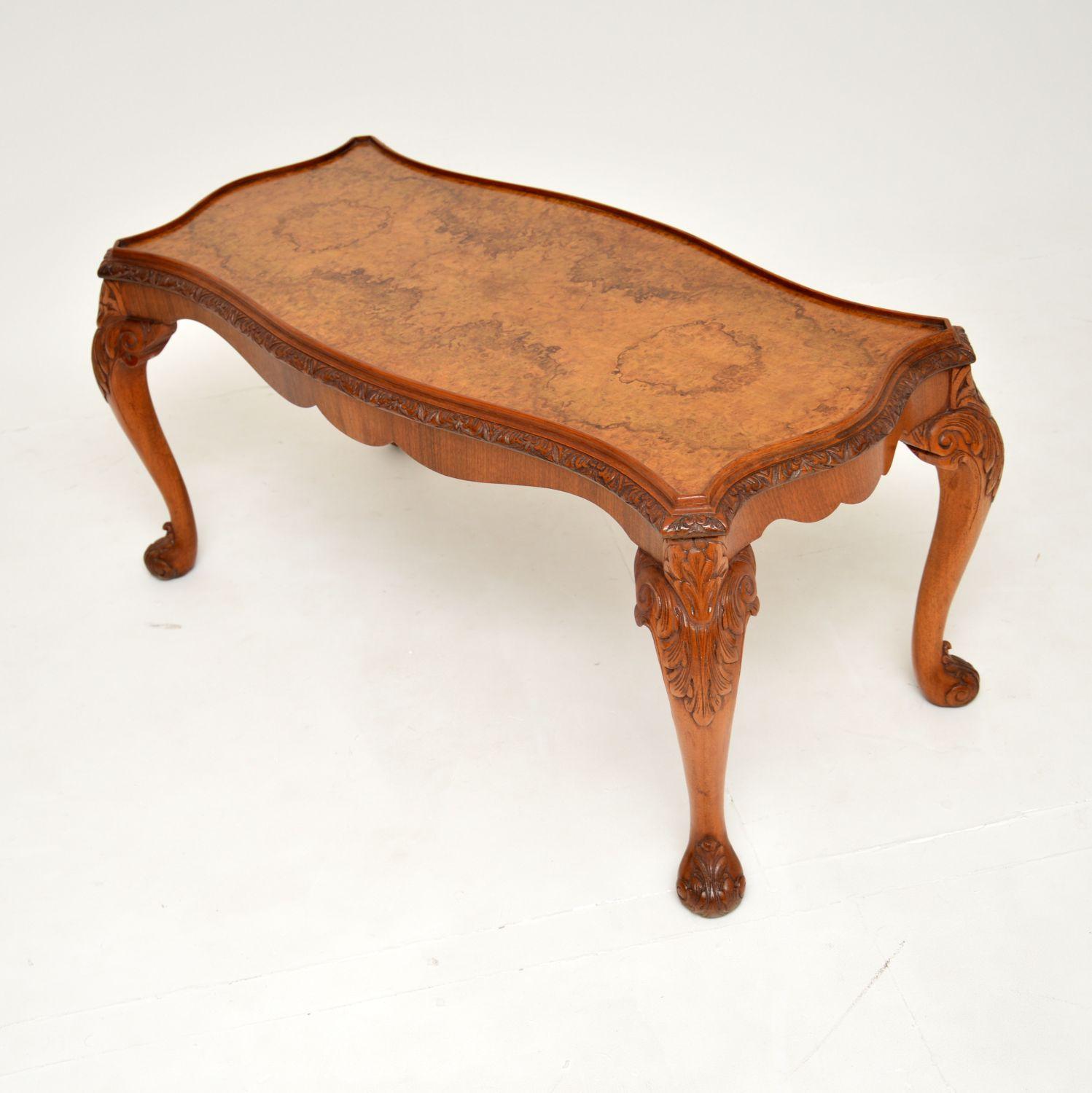 English Antique Burr Walnut Queen Anne Style Coffee Table