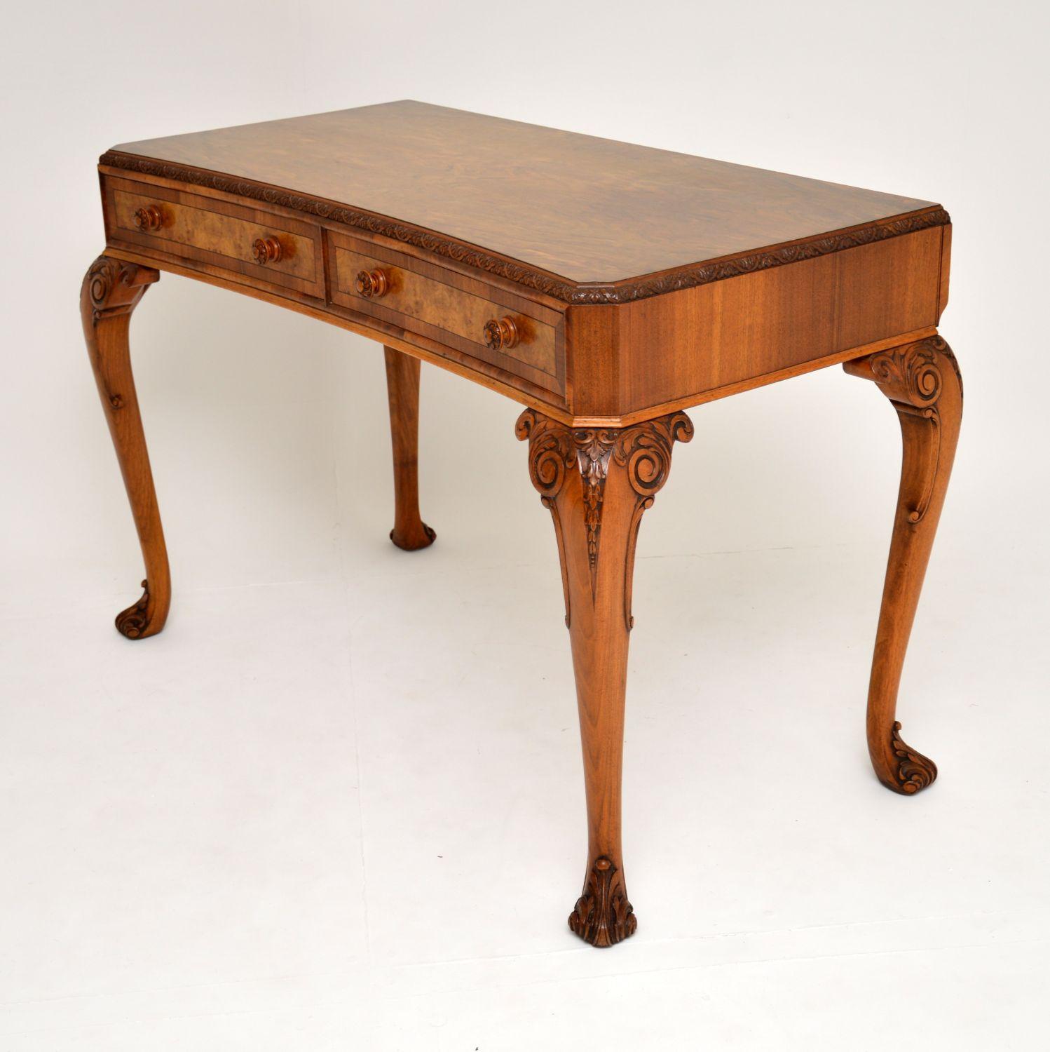 English Antique Burr Walnut Queen Anne Style Console Server Table