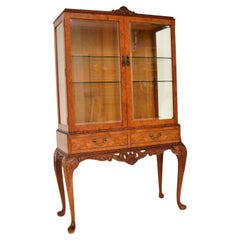 Antique Burr Walnut Queen Anne Style Display Cabinet