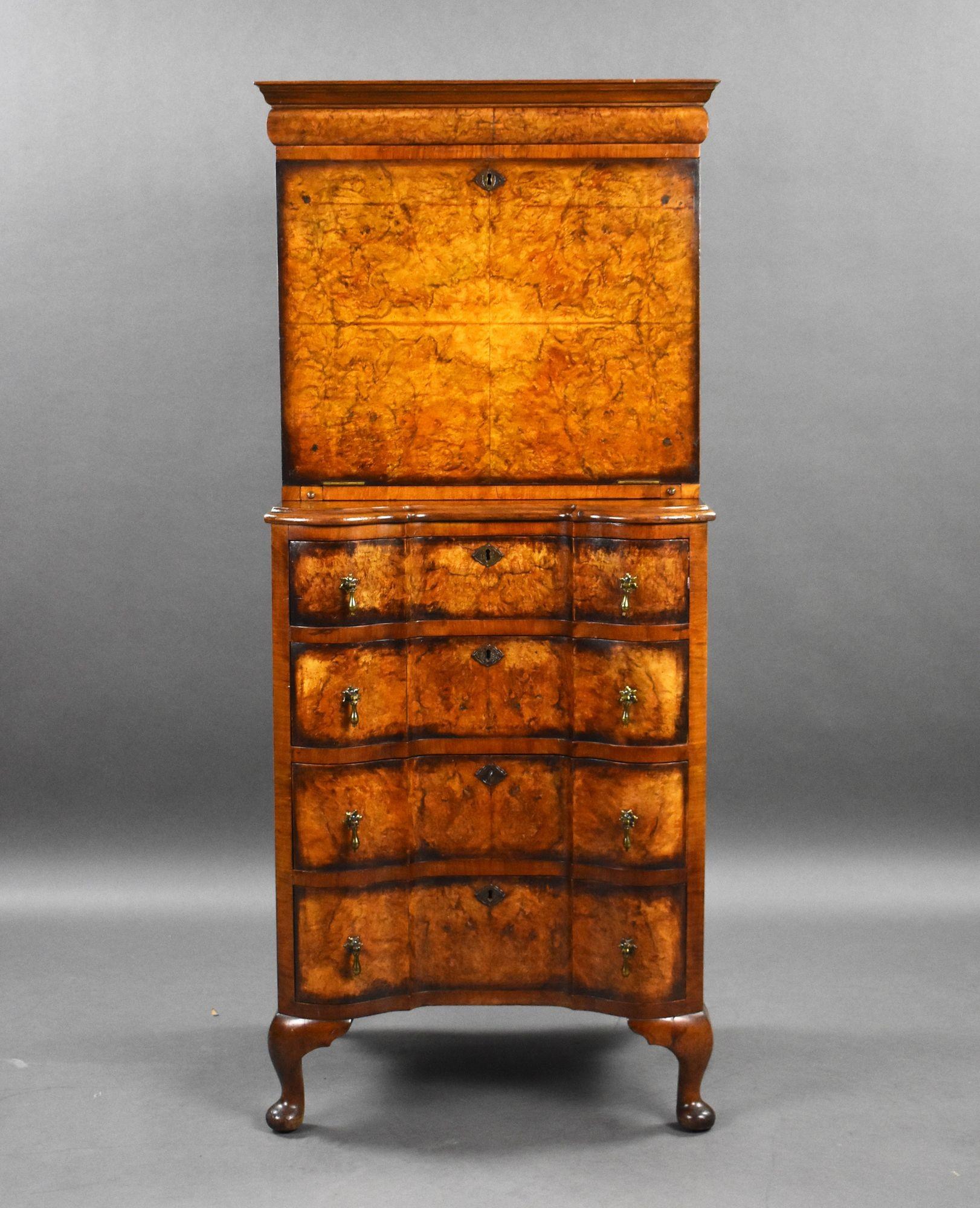 English Antique Burr Walnut Queen Anne Style Escritoire