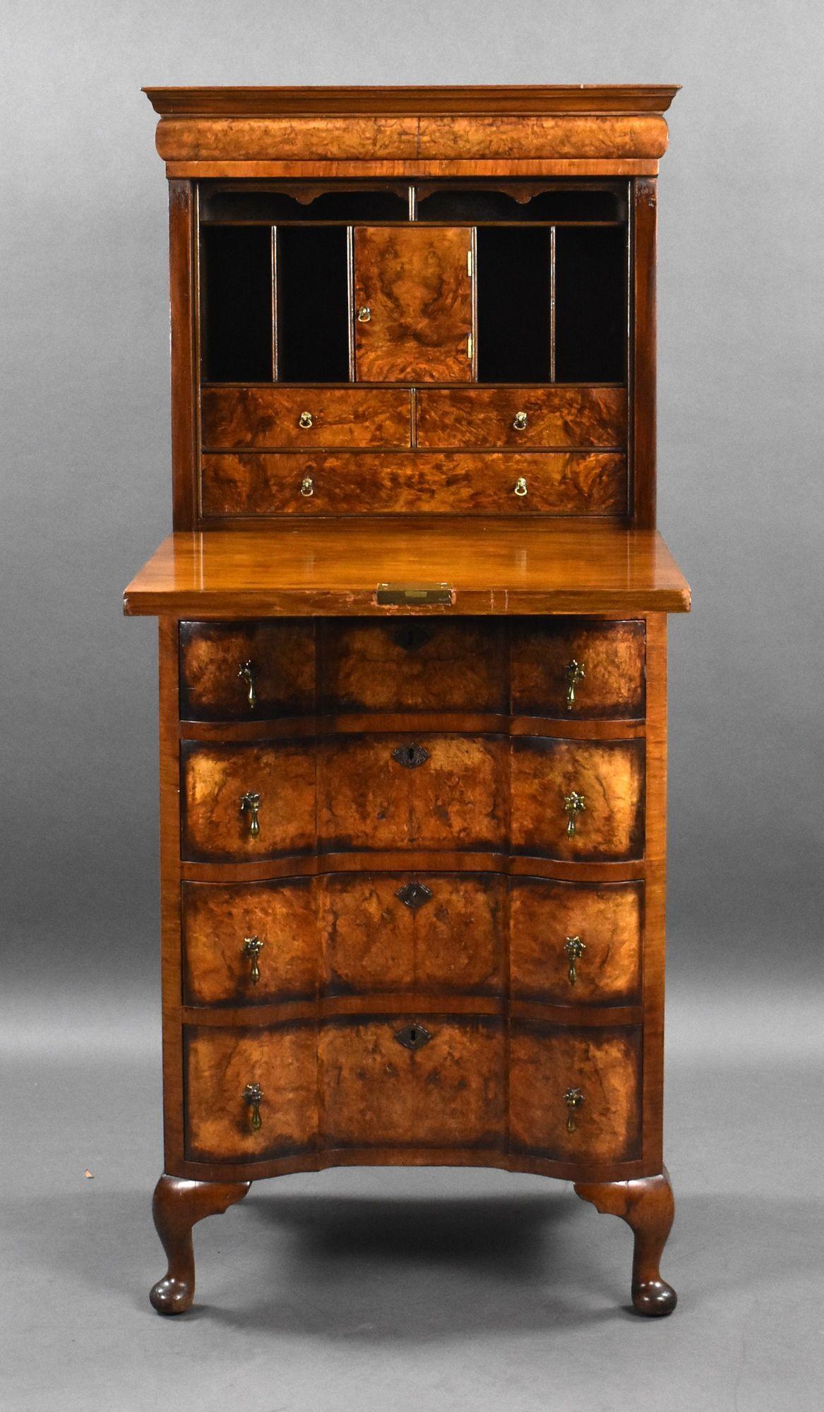 Antique Burr Walnut Queen Anne Style Escritoire In Excellent Condition In Chelmsford, Essex