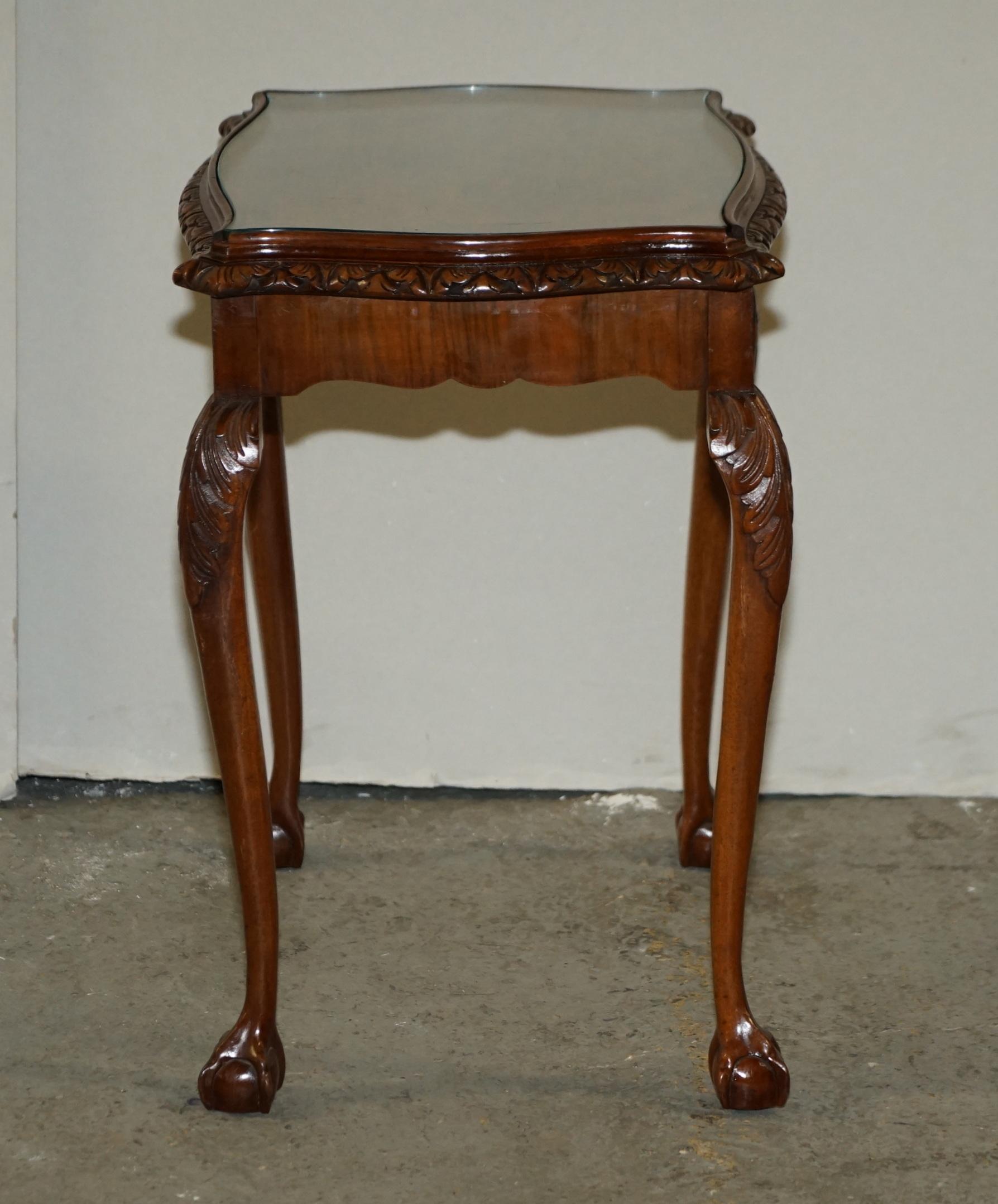 Antique Burr Walnut Serpentine Nest of 3 Stacking Tables with Claw and Ball Feet For Sale 11