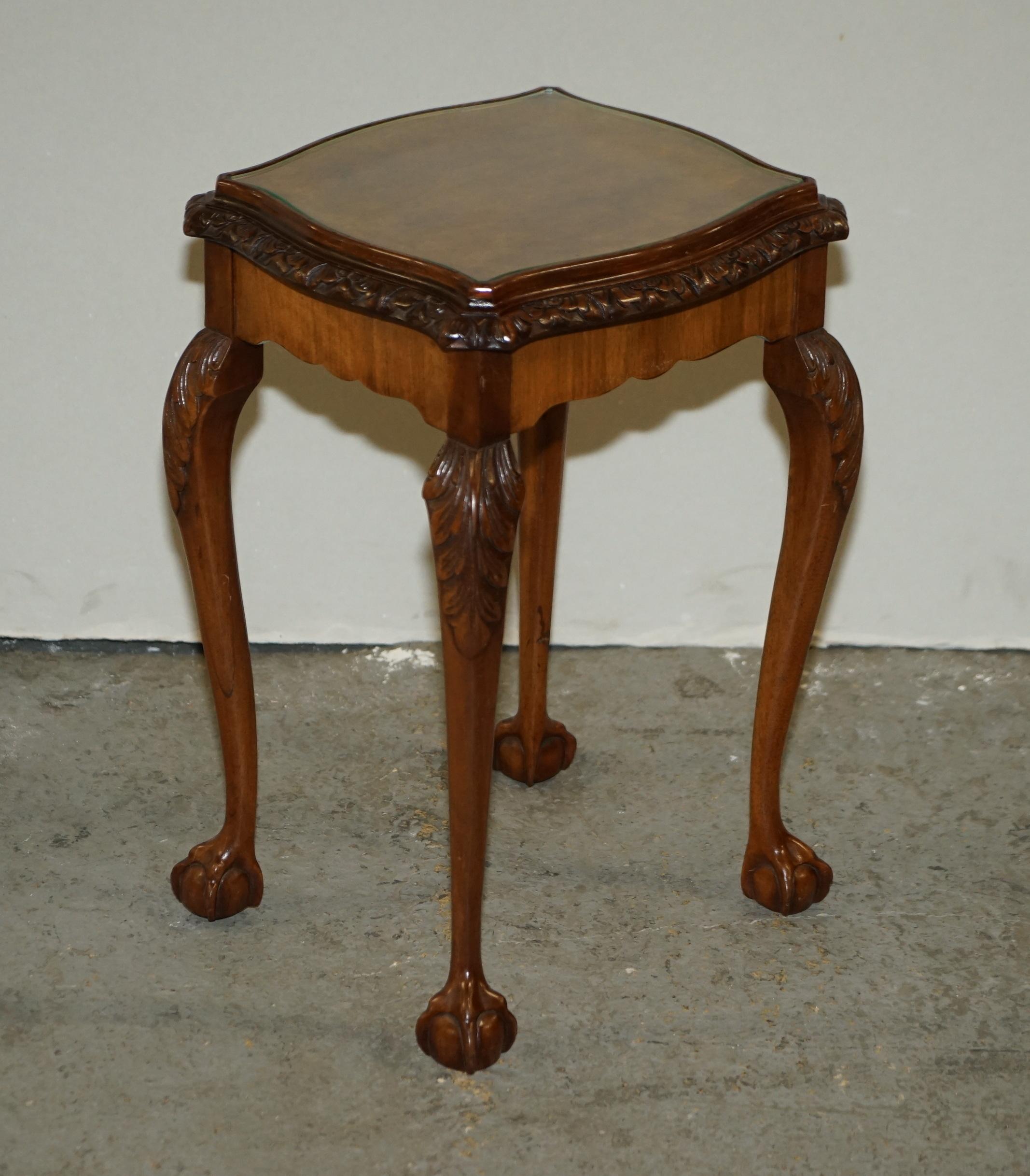 Antique Burr Walnut Serpentine Nest of 3 Stacking Tables with Claw and Ball Feet For Sale 12