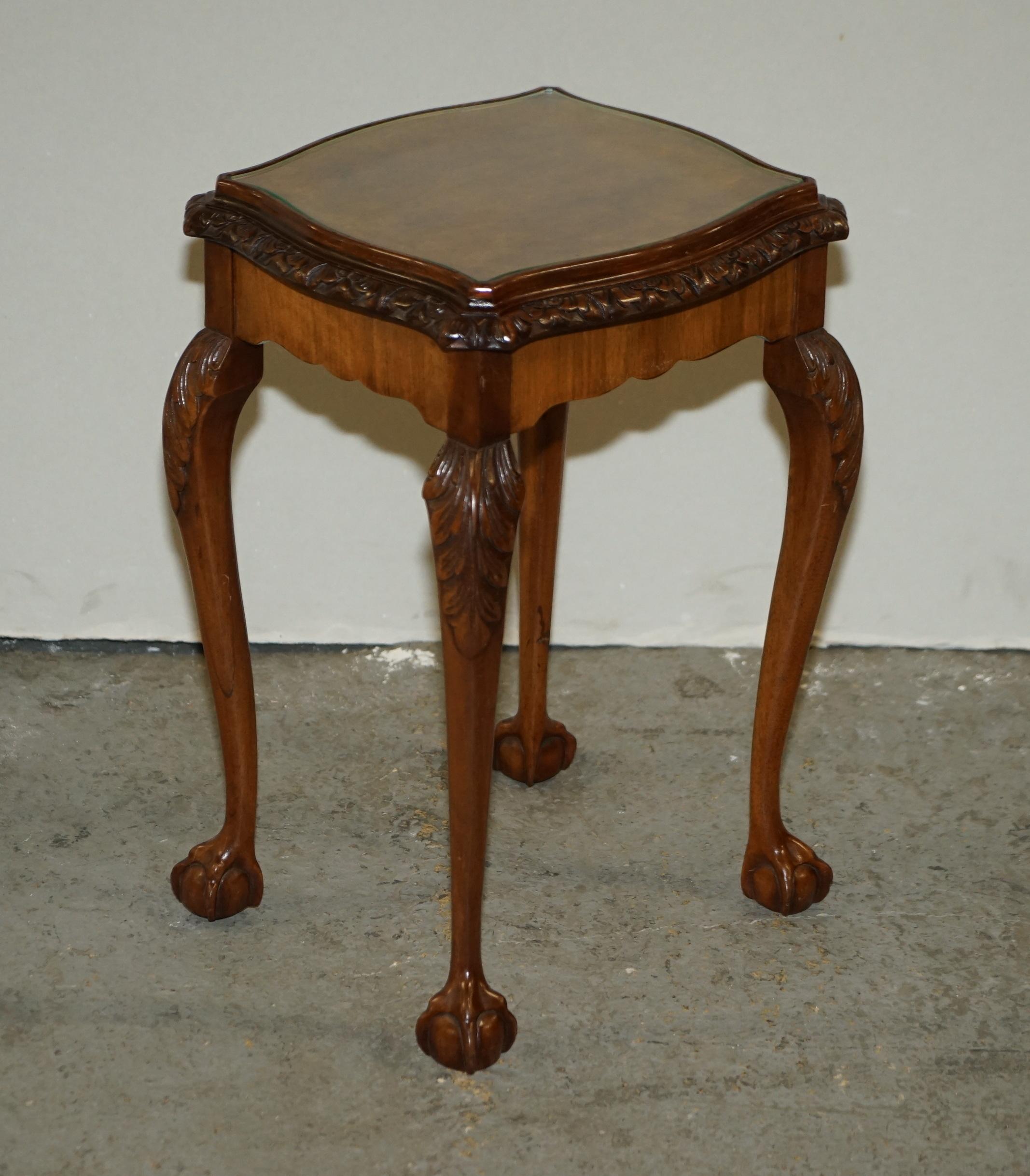 Antique Burr Walnut Serpentine Nest of 3 Stacking Tables with Claw and Ball Feet For Sale 11