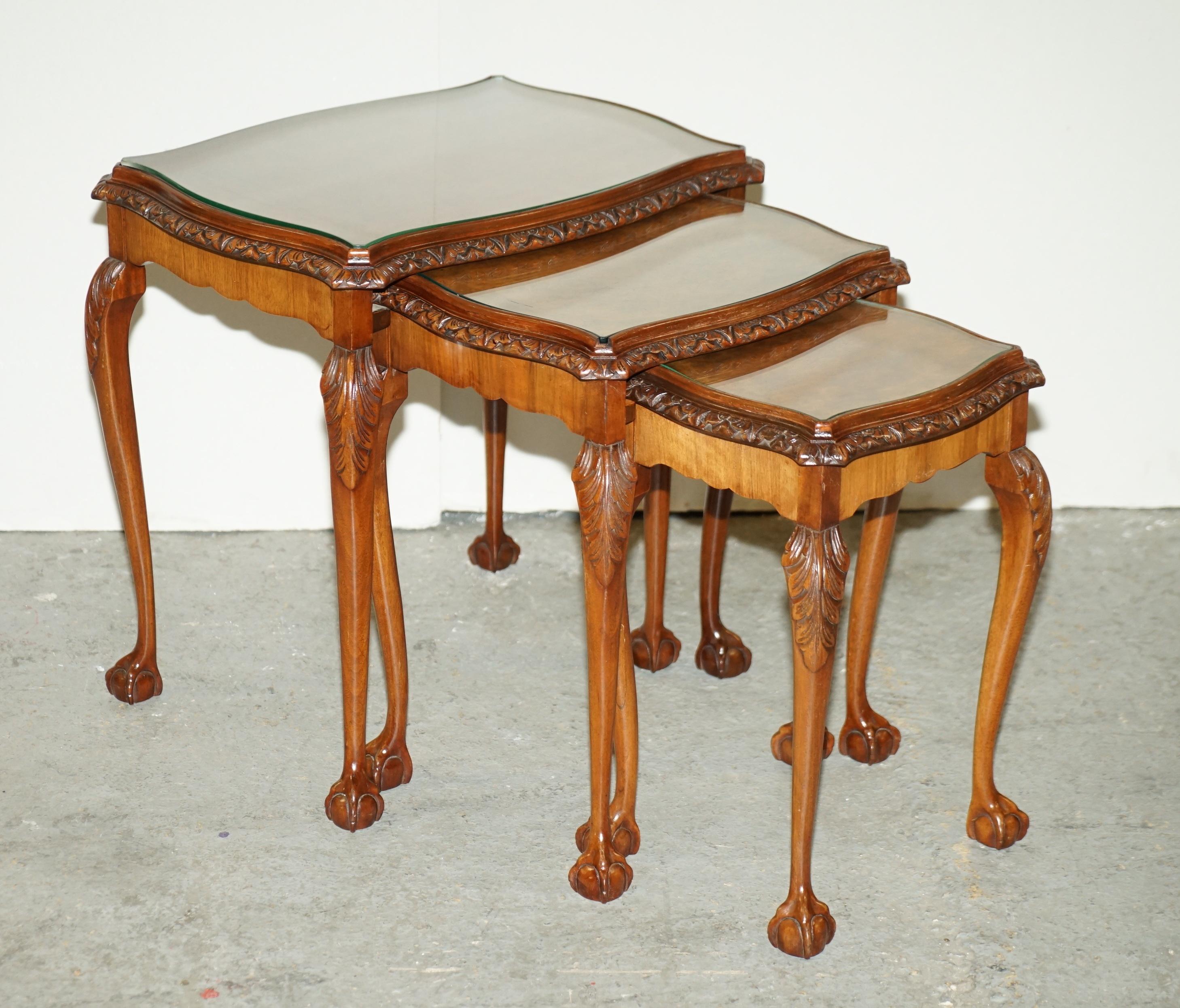 Regency Antique Burr Walnut Serpentine Nest of 3 Stacking Tables with Claw and Ball Feet For Sale