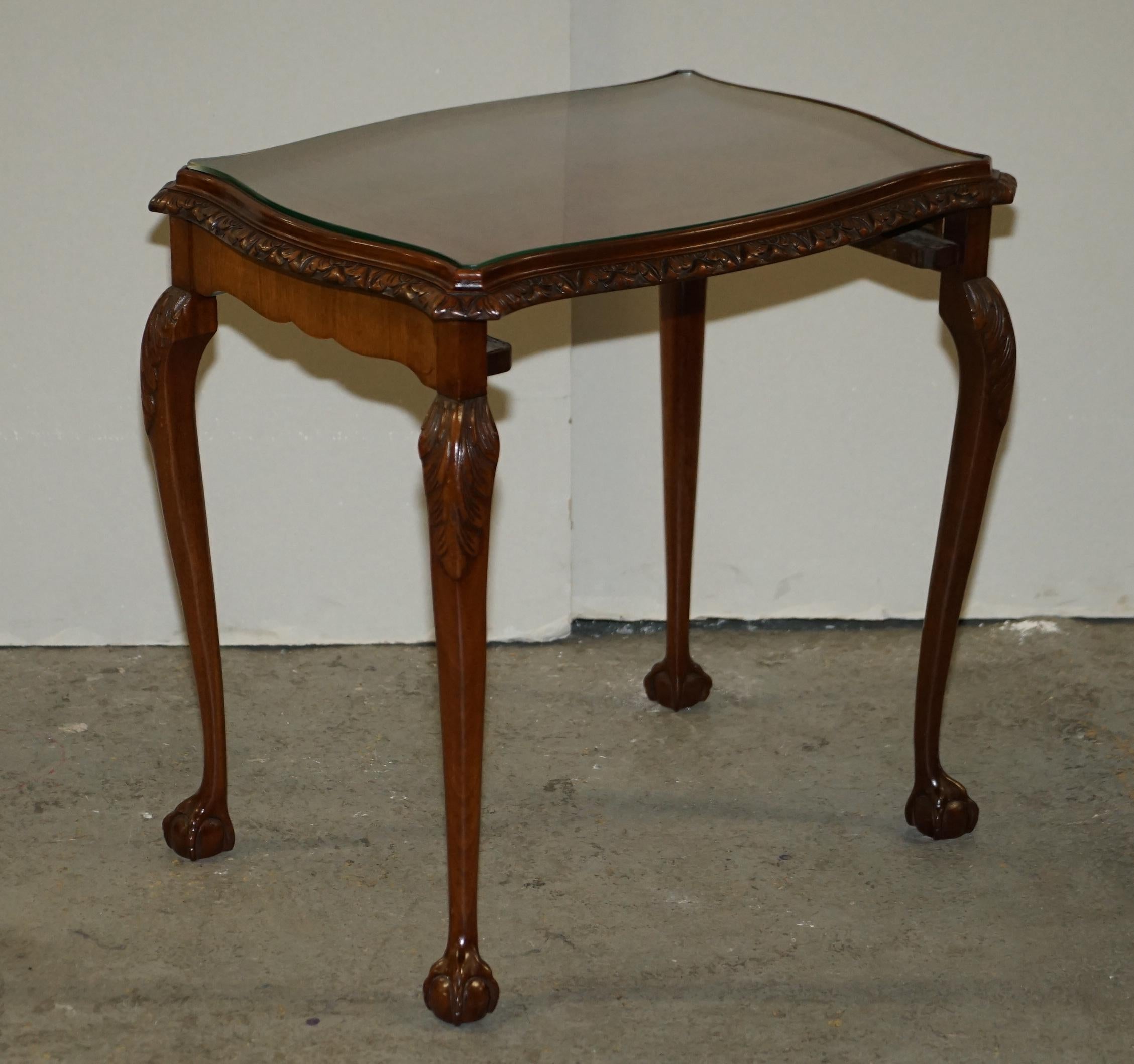 English Antique Burr Walnut Serpentine Nest of 3 Stacking Tables with Claw and Ball Feet For Sale