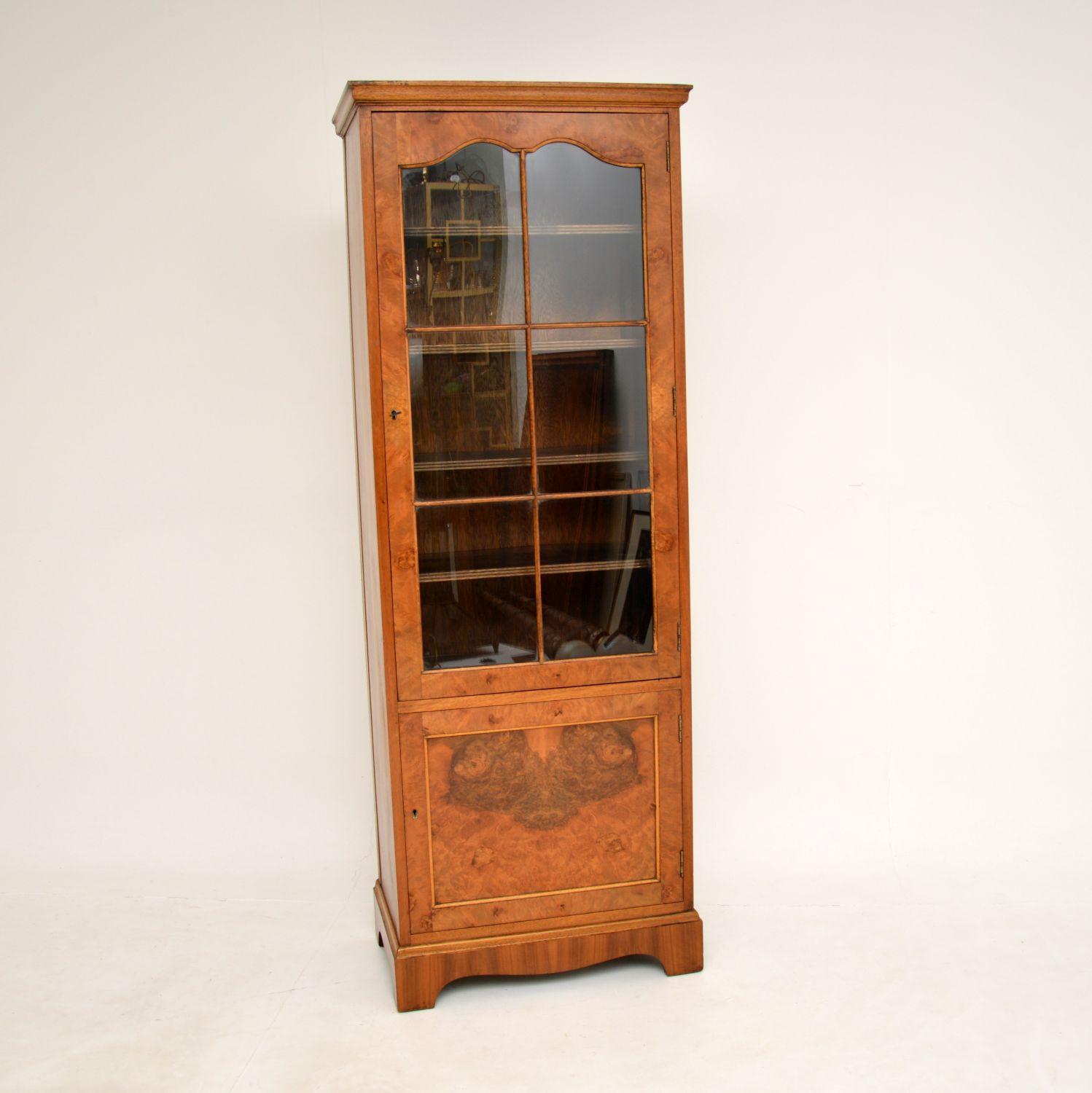 English Antique Burr Walnut Slim Bookcase
