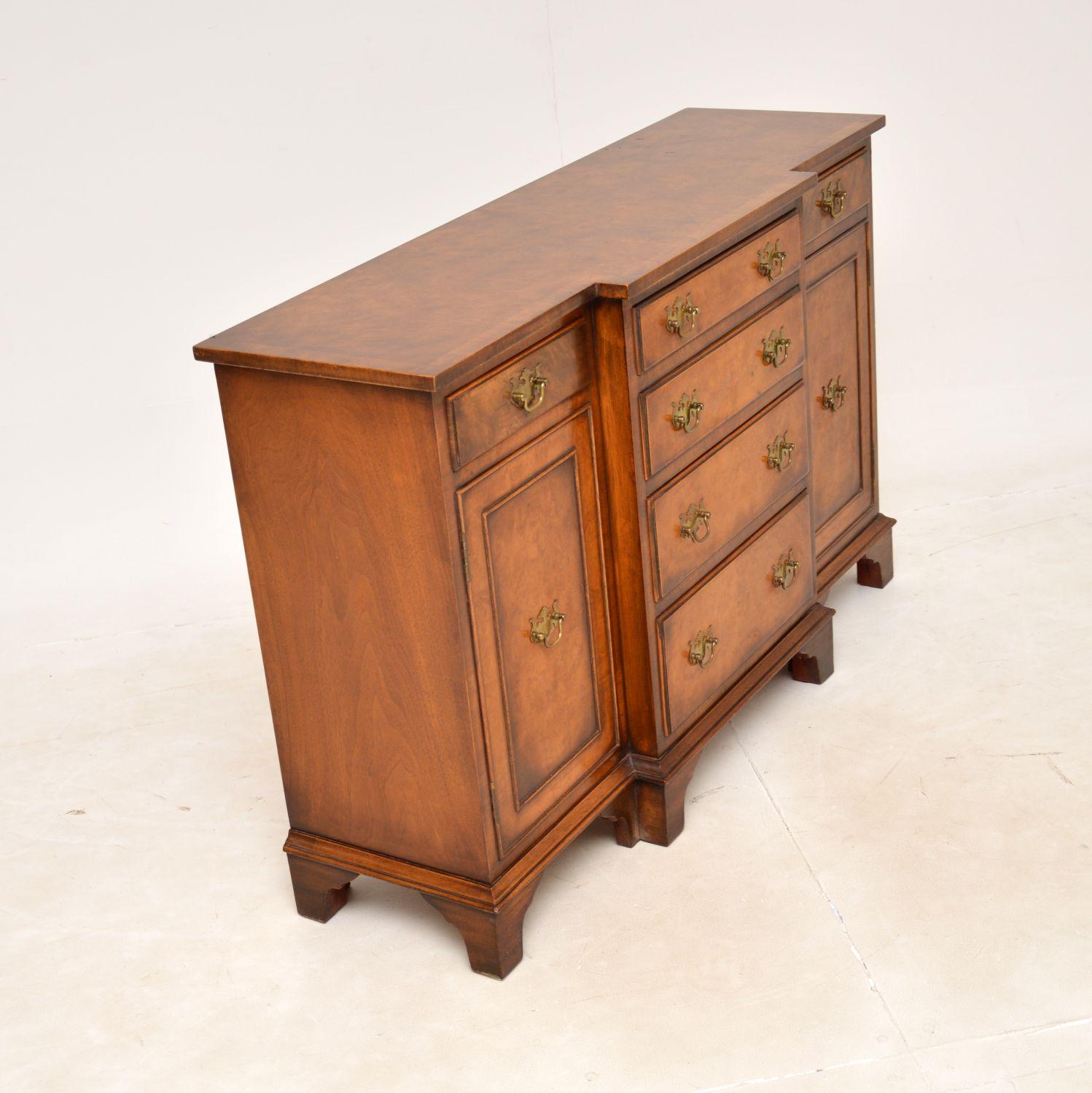 British Antique Burr Walnut Small Breakfront Sideboard For Sale