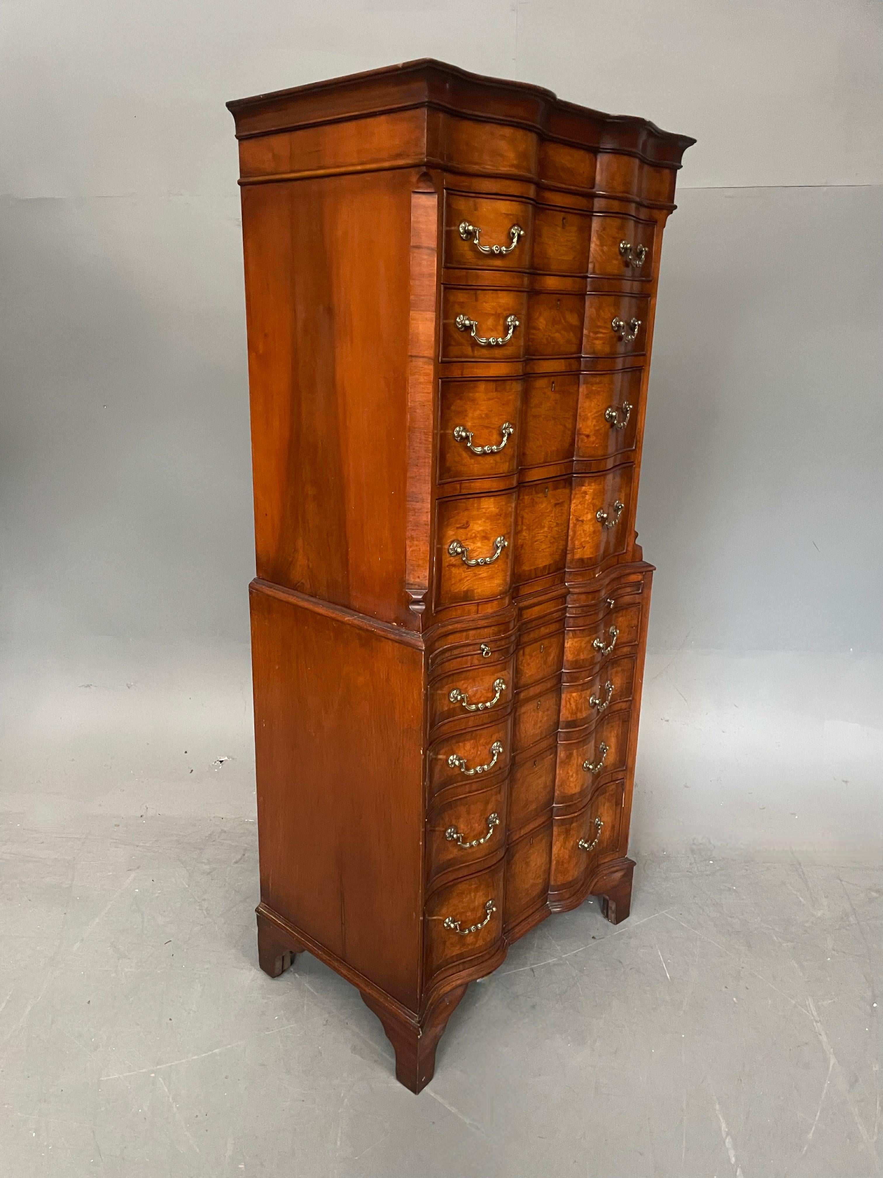 Queen Anne Antique burr walnut tall boy chest on chest commode