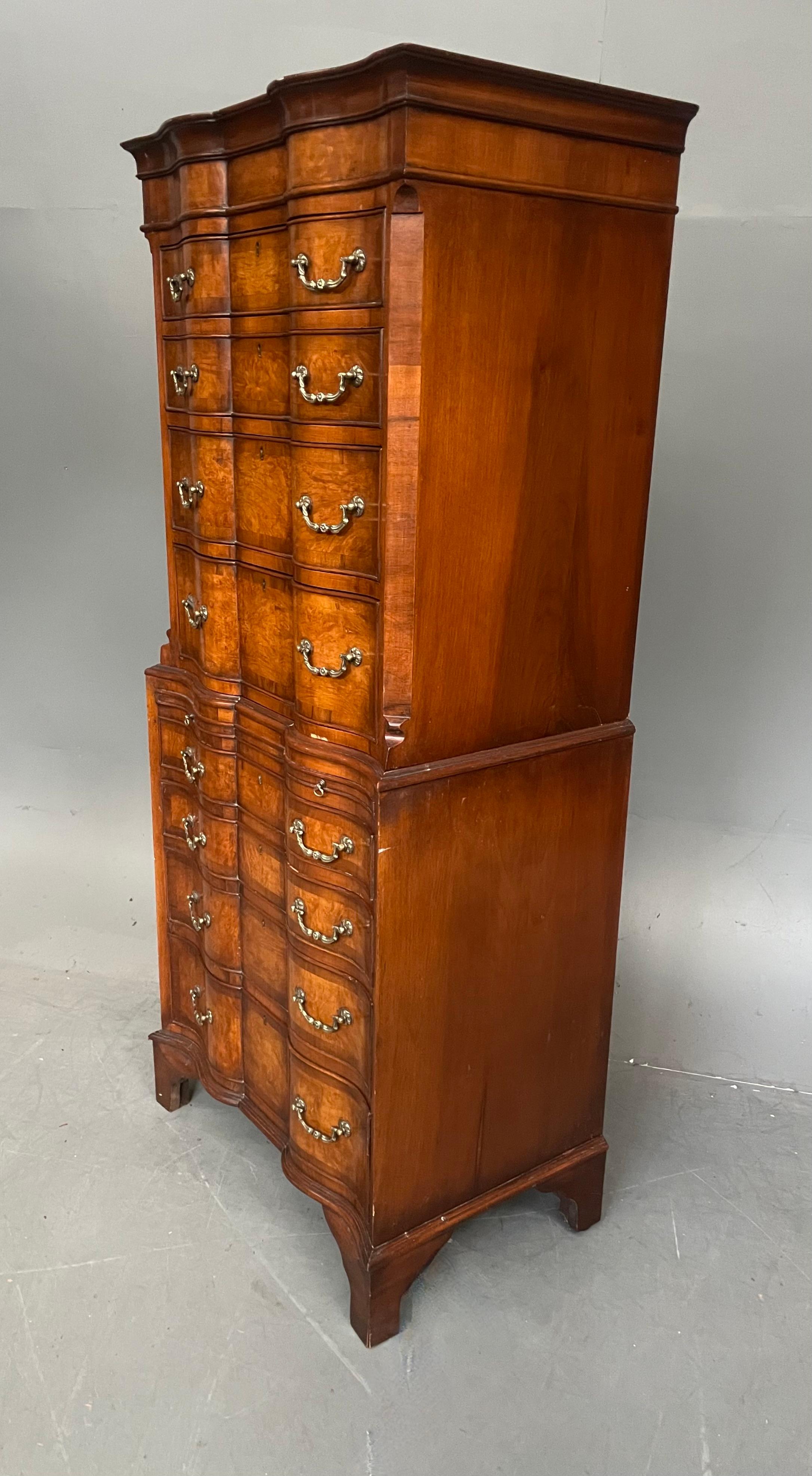 English Antique burr walnut tall boy chest on chest commode