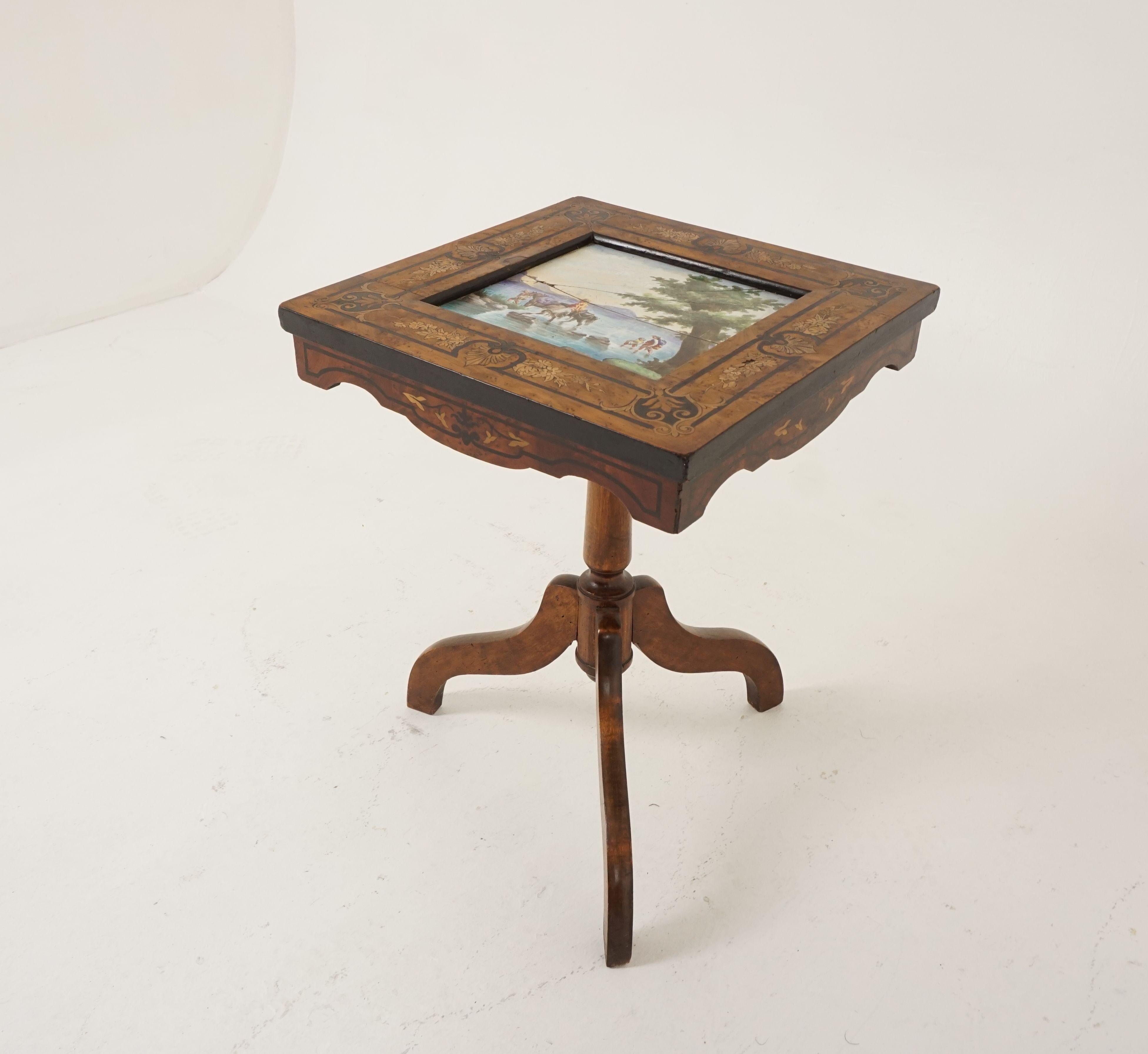 Hand-Crafted Antique Burr Walnut Tilt Top Inlaid Table, Porcelain Tile, Scotland 1870, H367 For Sale