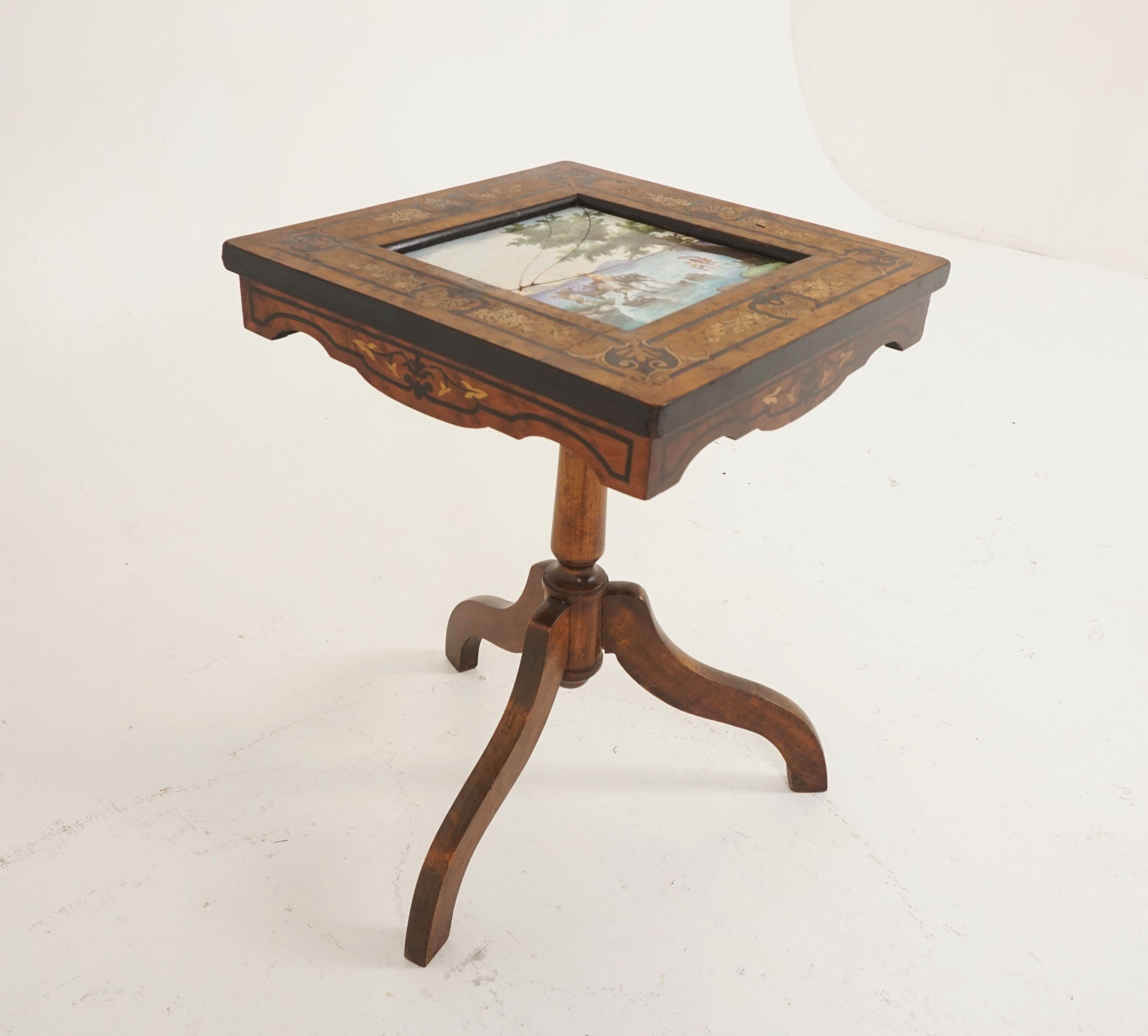 Antique Burr Walnut Tilt Top Inlaid Table, Porcelain Tile, Scotland 1870, H367 In Good Condition For Sale In Vancouver, BC