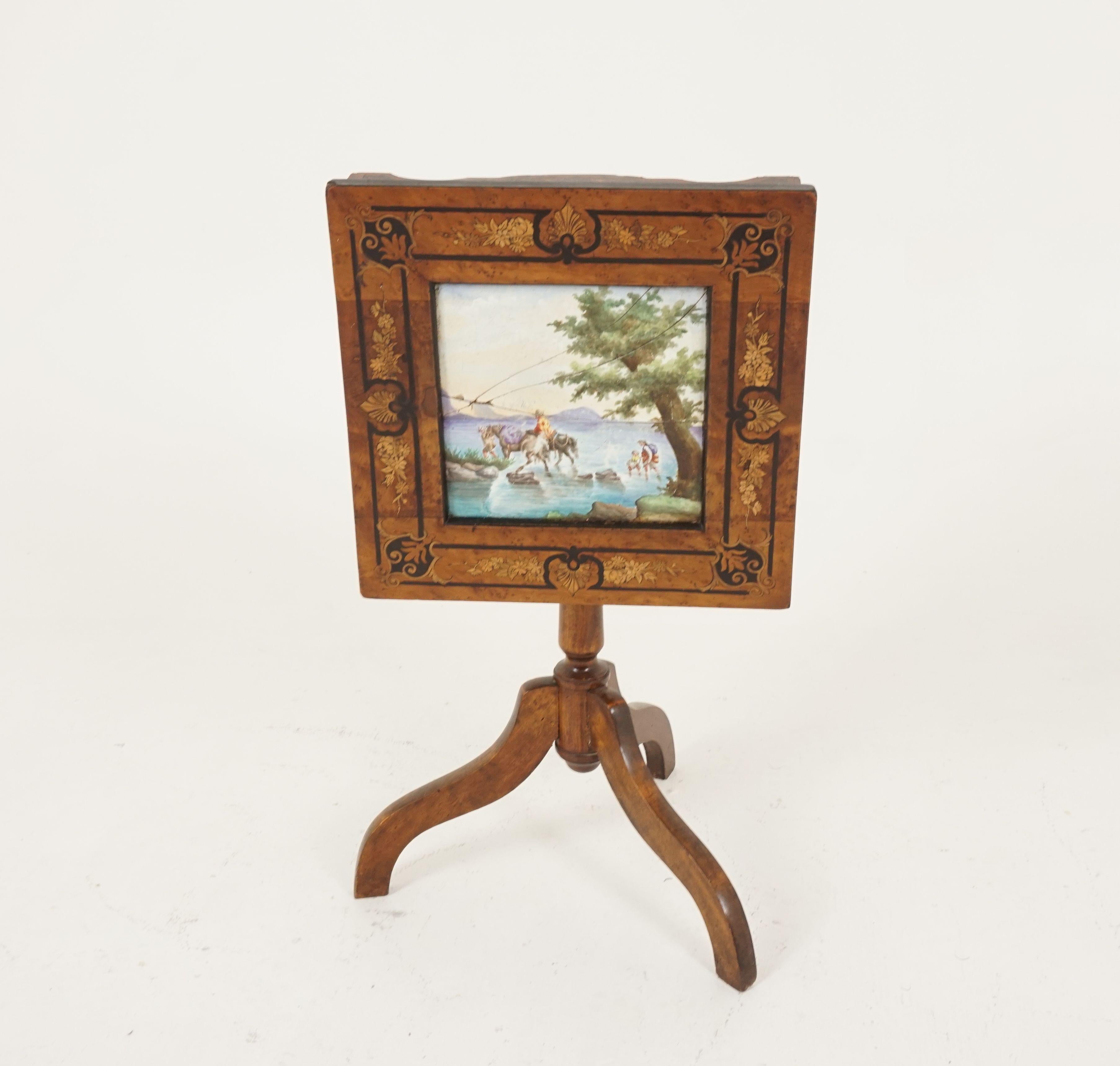 Late 19th Century Antique Burr Walnut Tilt Top Inlaid Table, Porcelain Tile, Scotland 1870, H367 For Sale