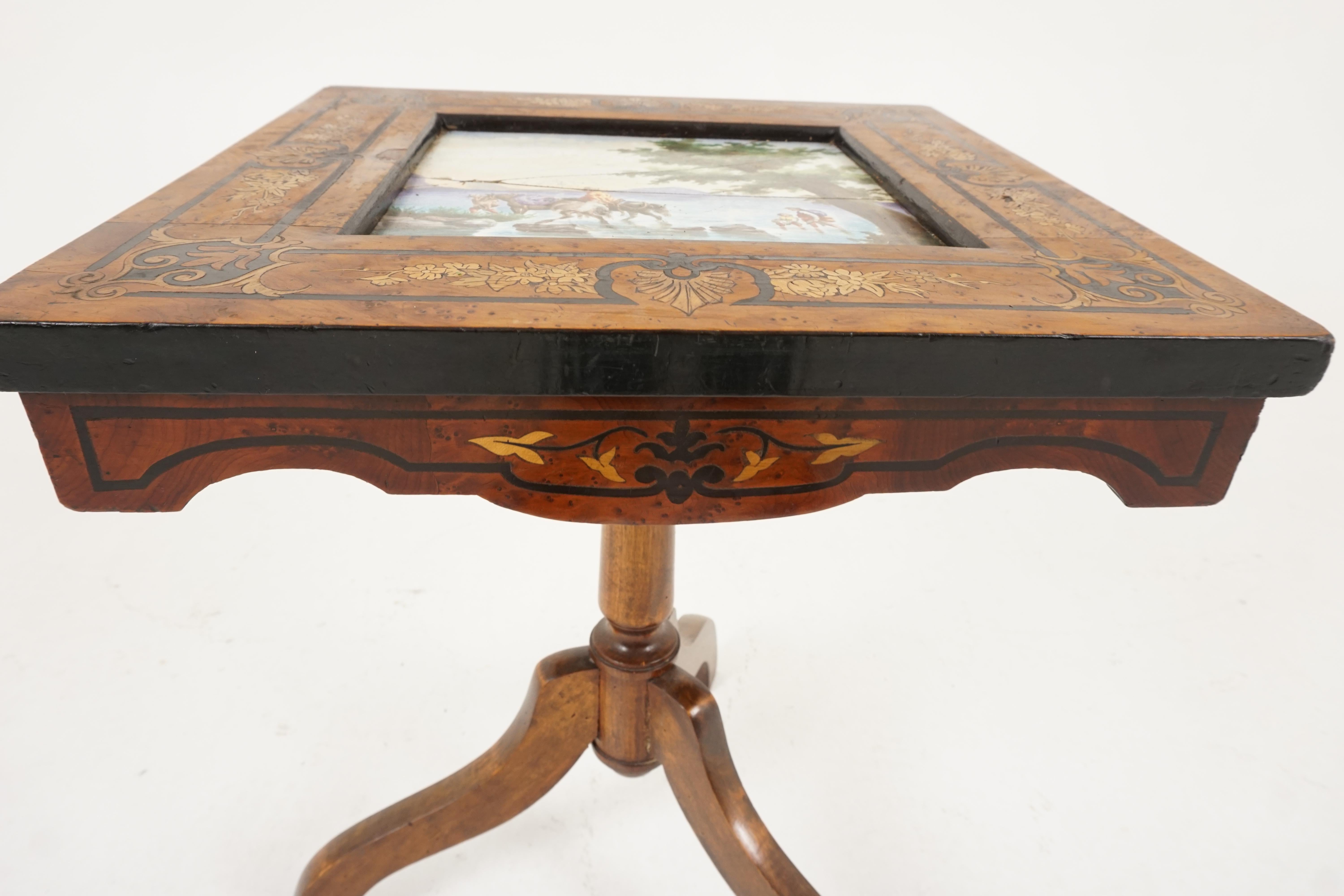 Antique Burr Walnut Tilt Top Inlaid Table, Porcelain Tile, Scotland 1870, H367 For Sale 3